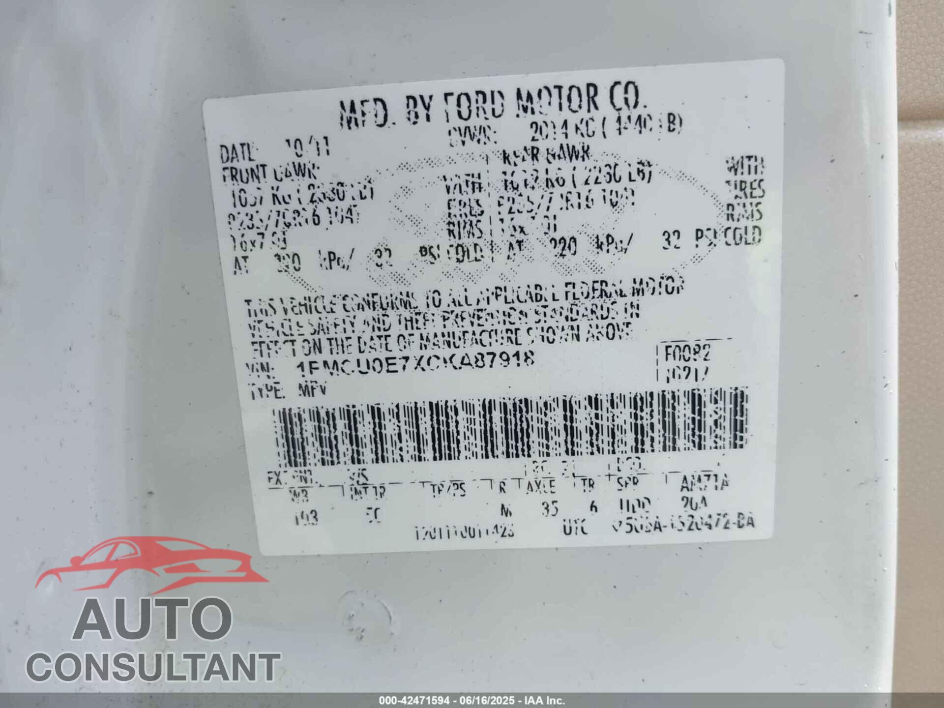 FORD ESCAPE 2012 - 1FMCU0E7XCKA87918