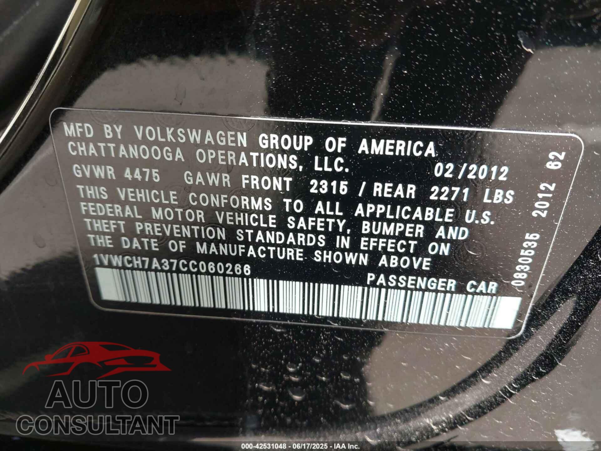 VOLKSWAGEN PASSAT 2012 - 1VWCH7A37CC060266