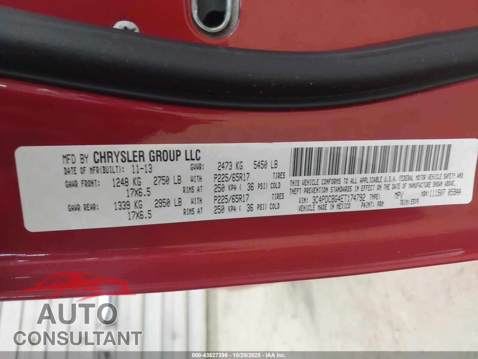 DODGE JOURNEY 2014 - 3C4PDCBG4ET174792
