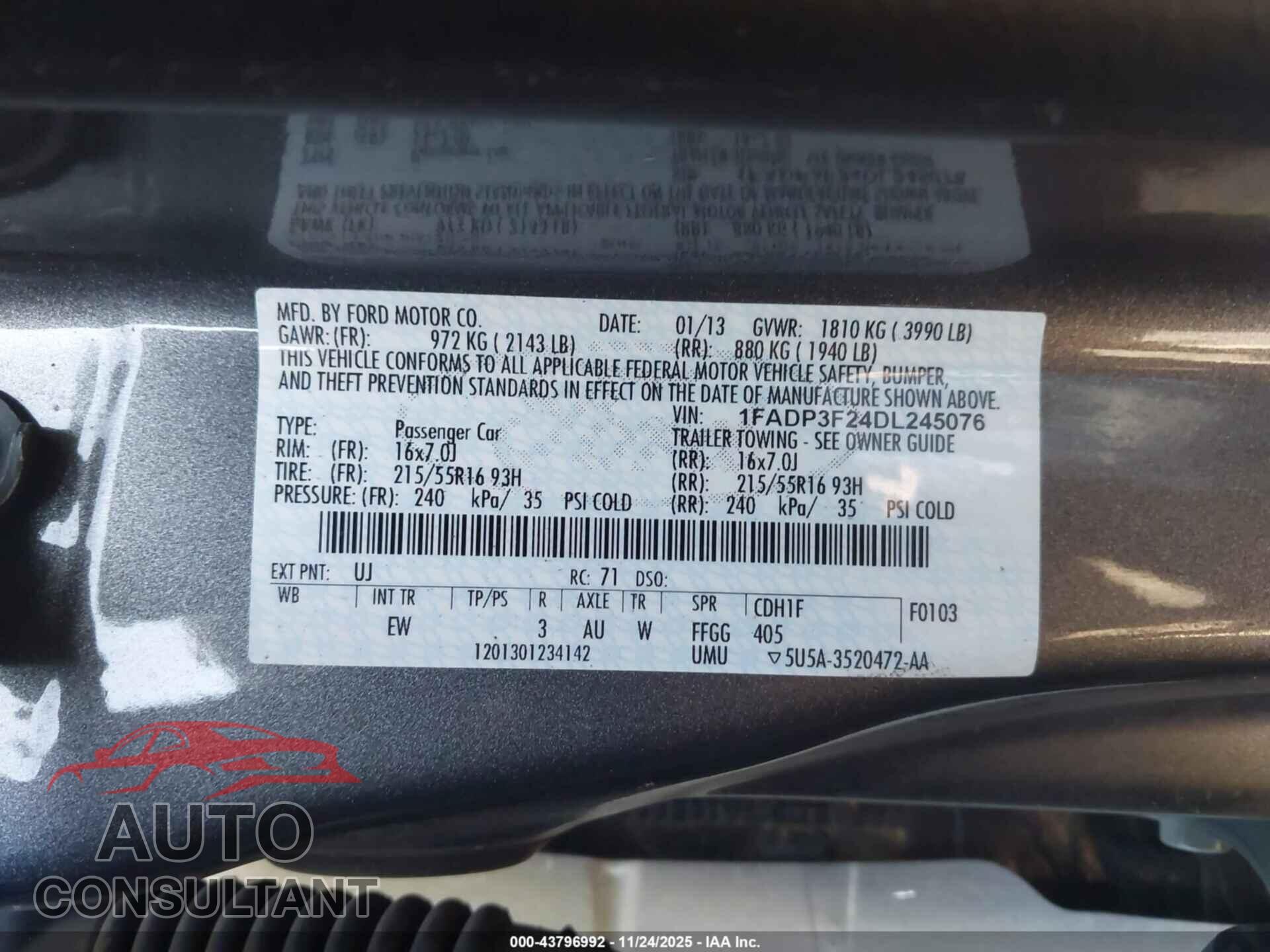 FORD FOCUS 2013 - 1FADP3F24DL245076
