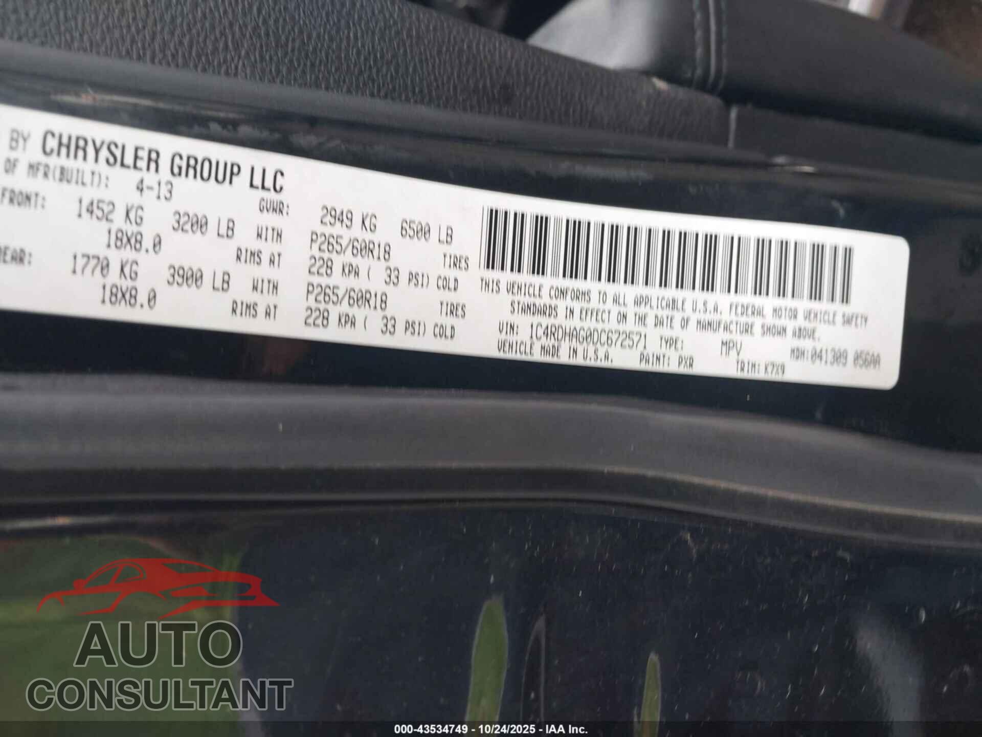 DODGE DURANGO 2013 - 1C4RDHAG0DC672571