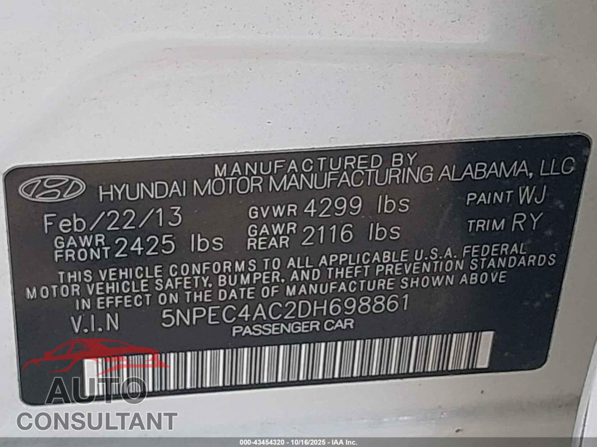 HYUNDAI SONATA 2013 - 5NPEC4AC2DH698861