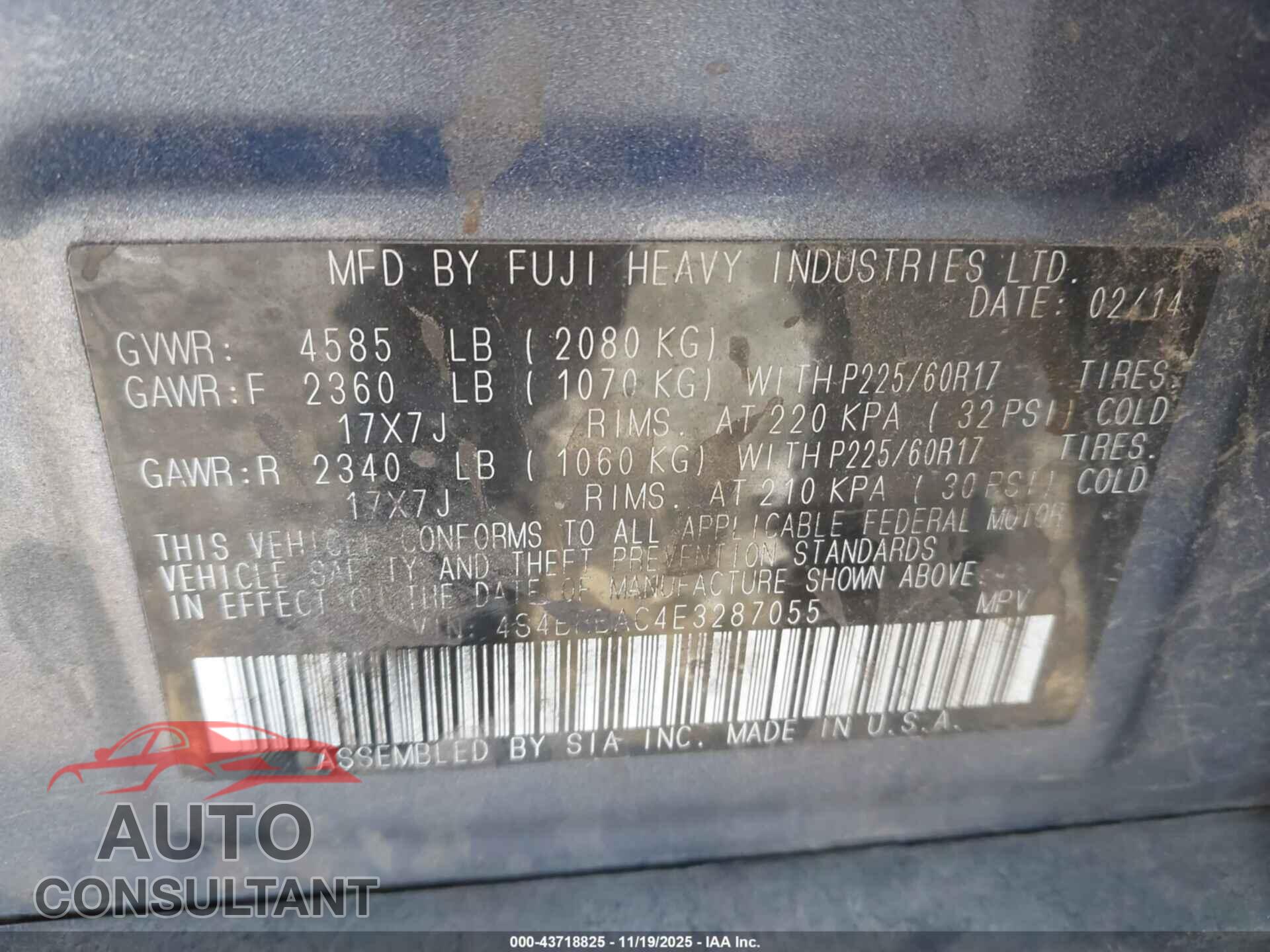 SUBARU OUTBACK 2014 - 4S4BRBAC4E3287055
