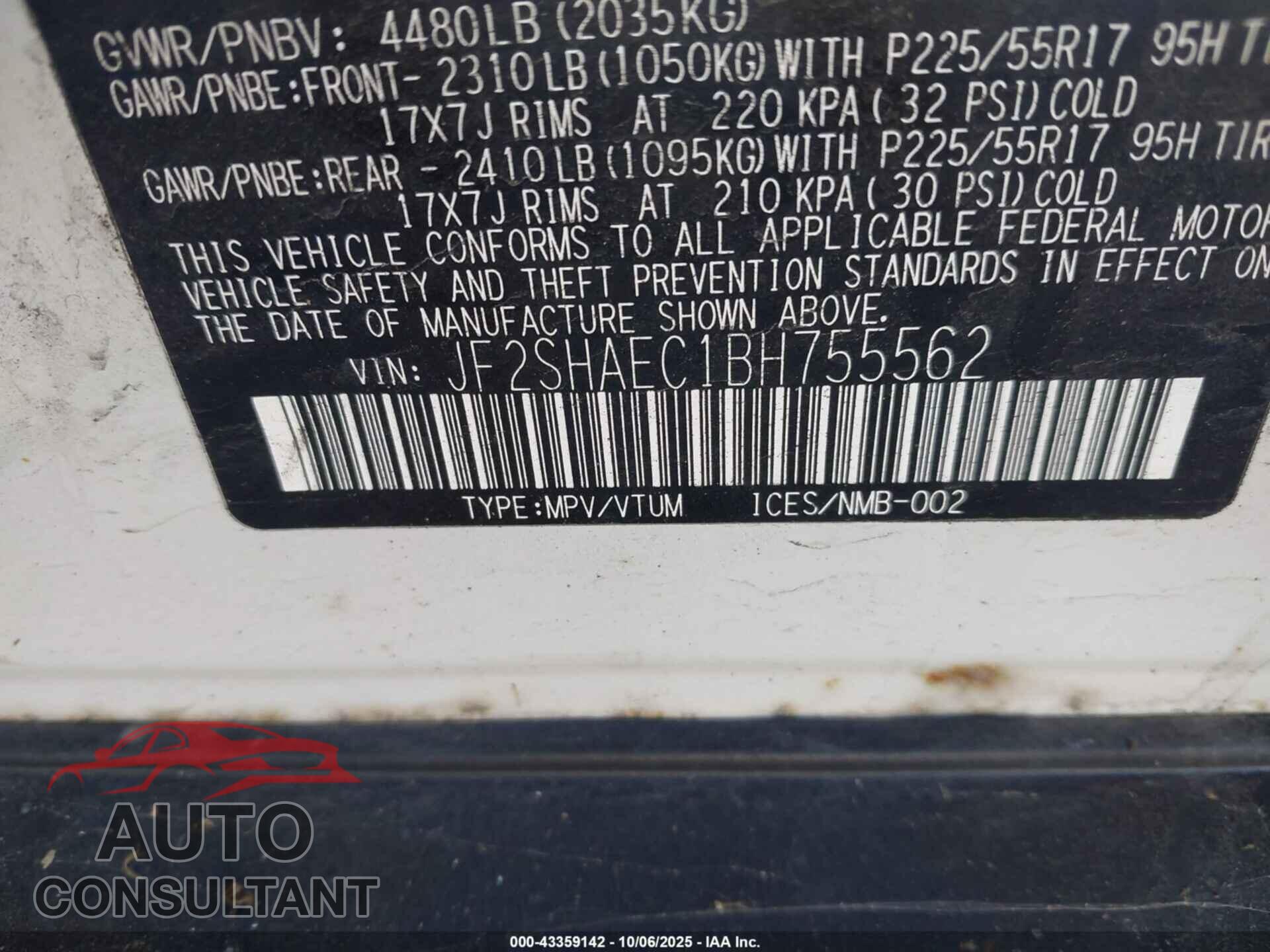 SUBARU FORESTER 2011 - JF2SHAEC1B8755562
