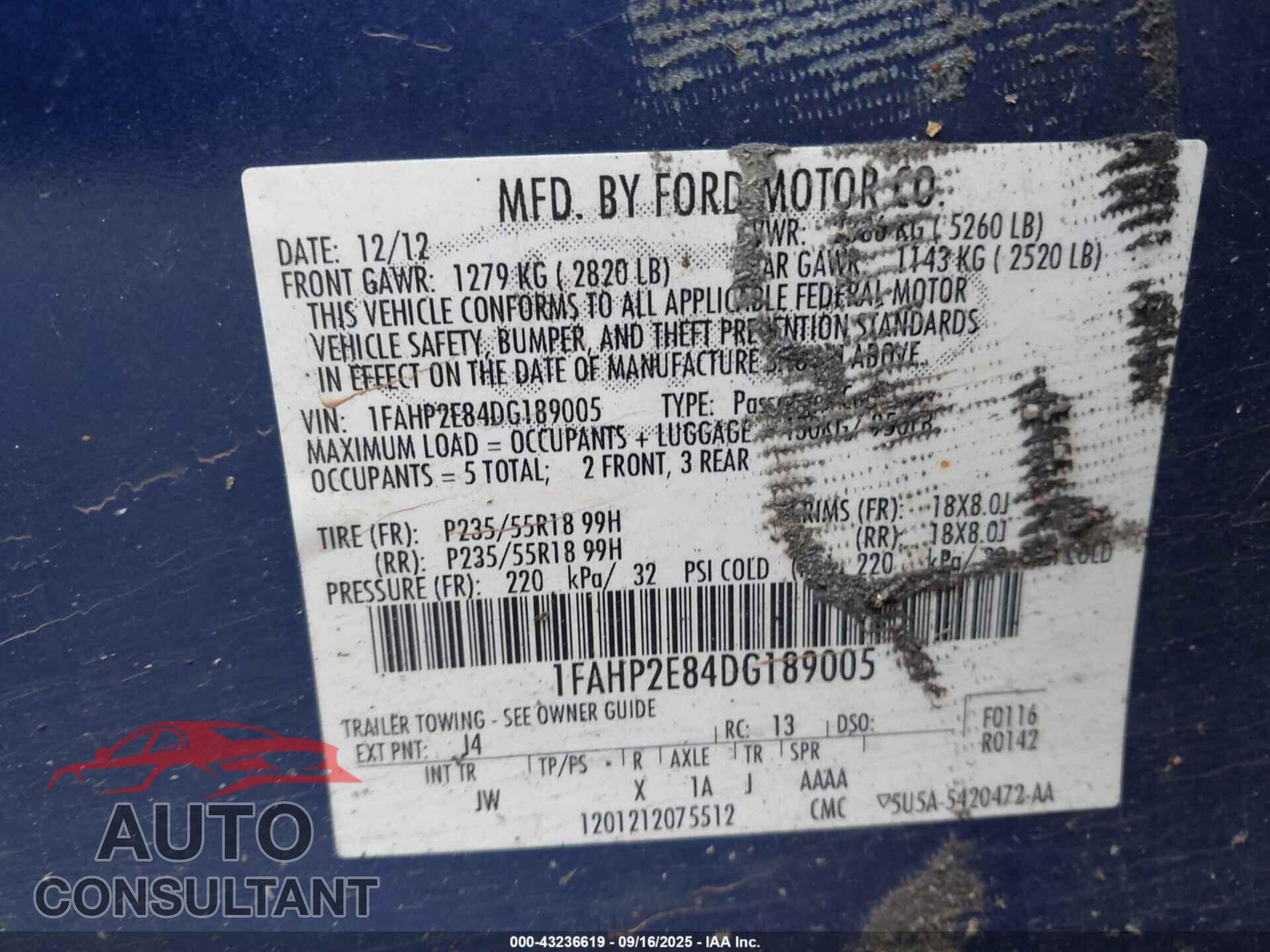 FORD TAURUS 2013 - 1FAHP2E84DG189005