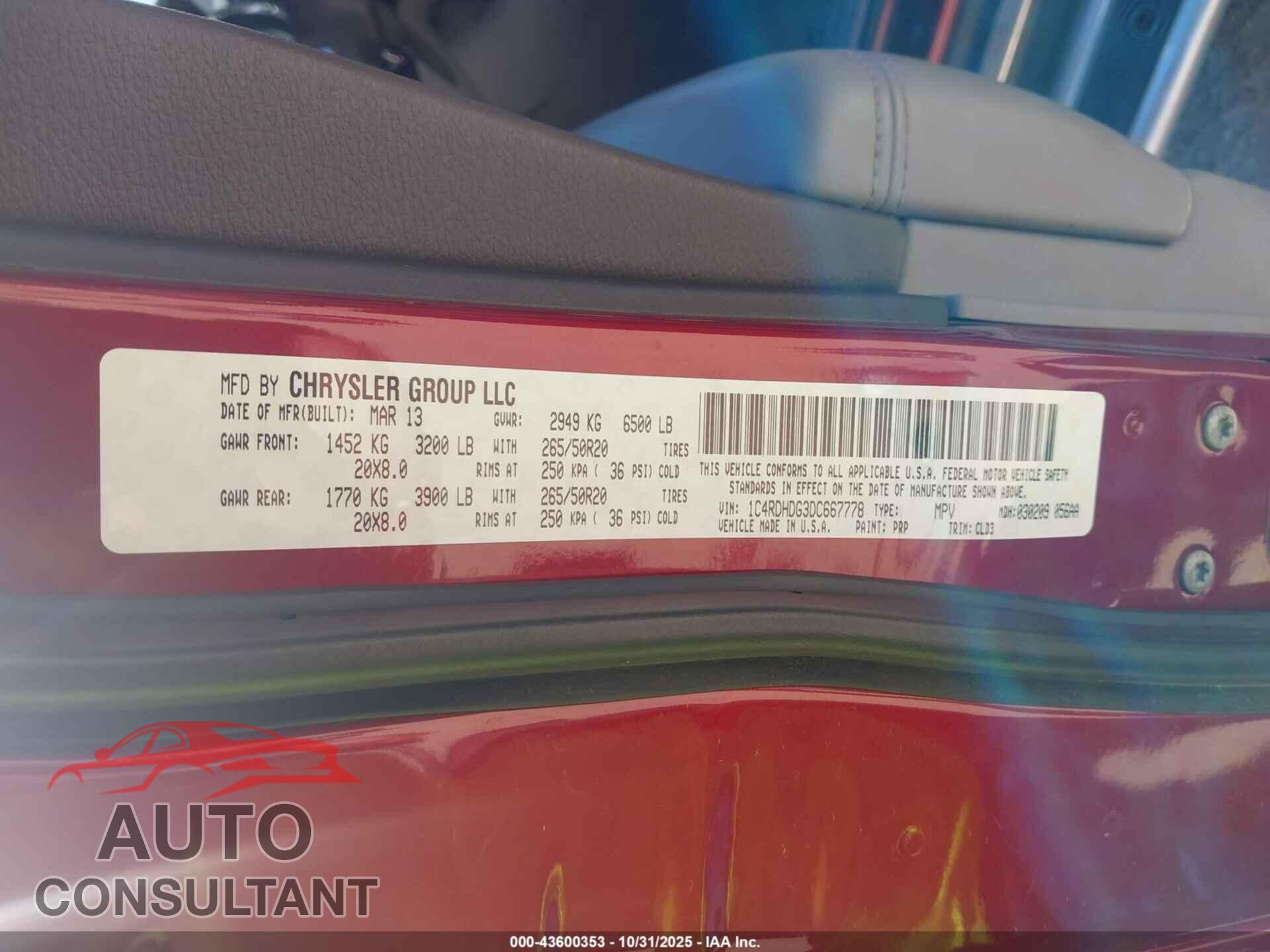 DODGE DURANGO 2013 - 1C4RDHDG3DC667778