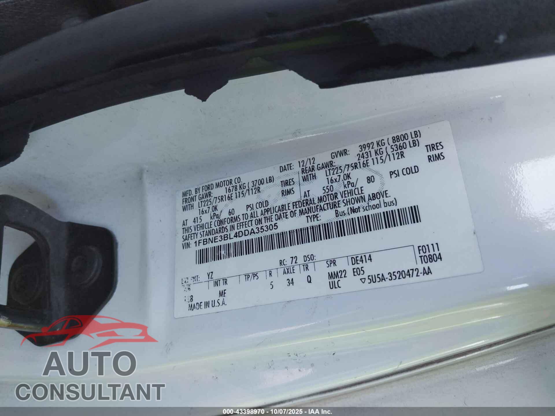 FORD E-350 SUPER DUTY 2013 - 1FBNE3BL4DDA35305