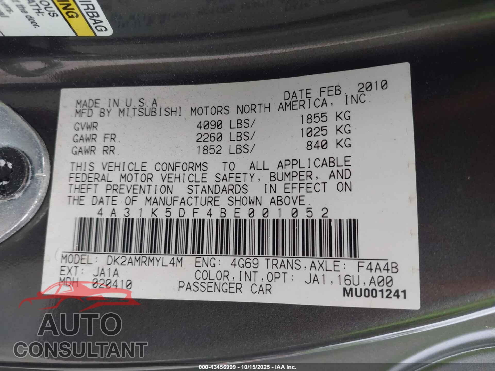 MITSUBISHI ECLIPSE 2011 - 4A31K5DF4BE001052