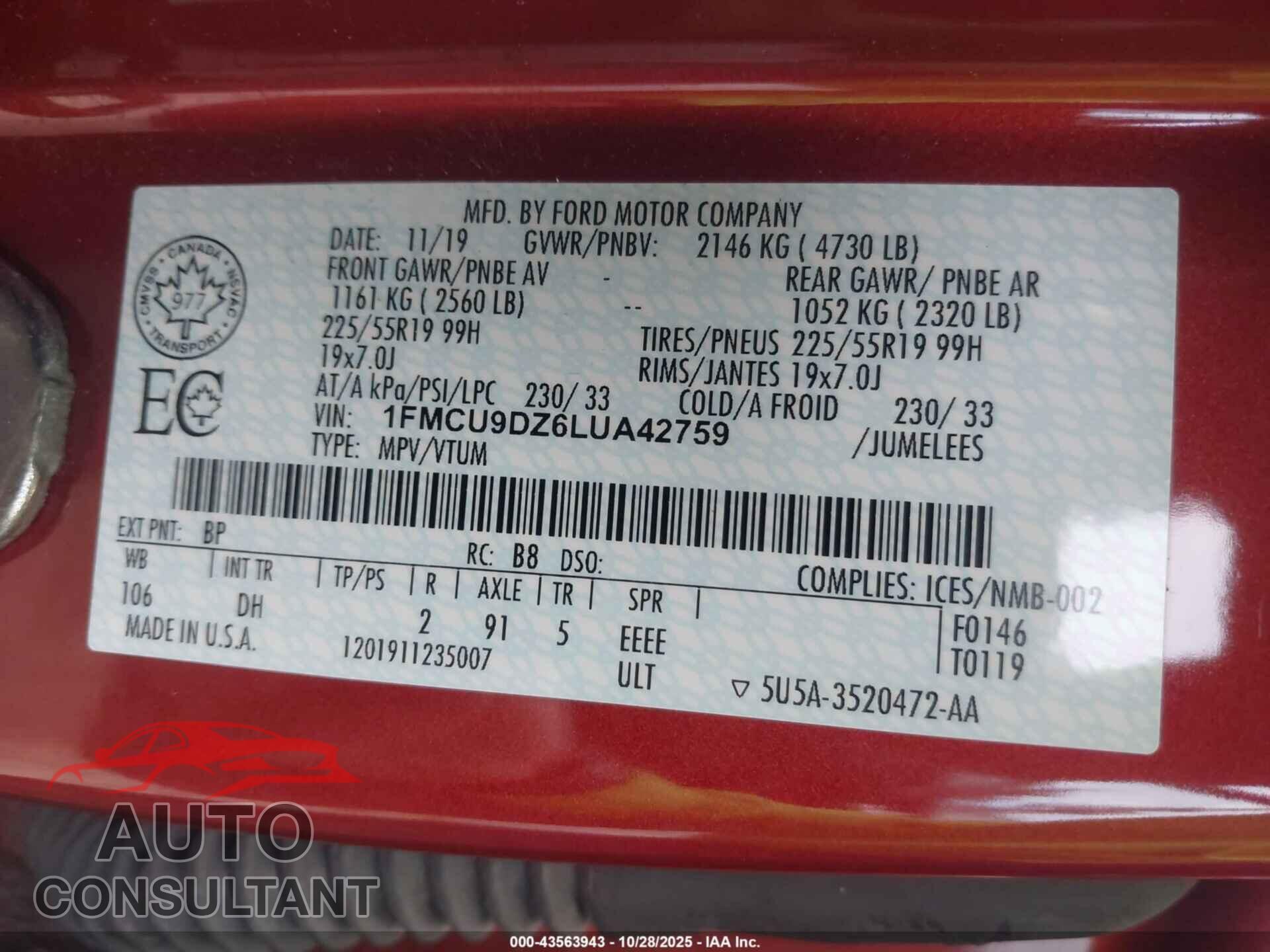 FORD ESCAPE 2020 - 1FMCU9DZ6LUA42759