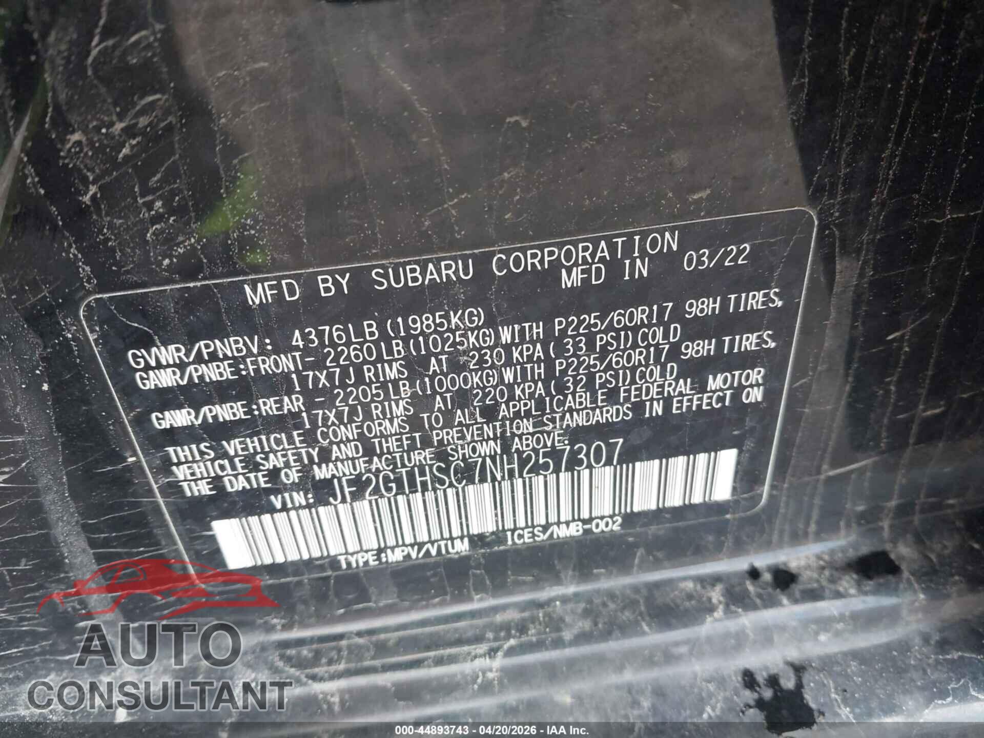 SUBARU CROSSTREK 2022 - JF2GTHSC7NH257307