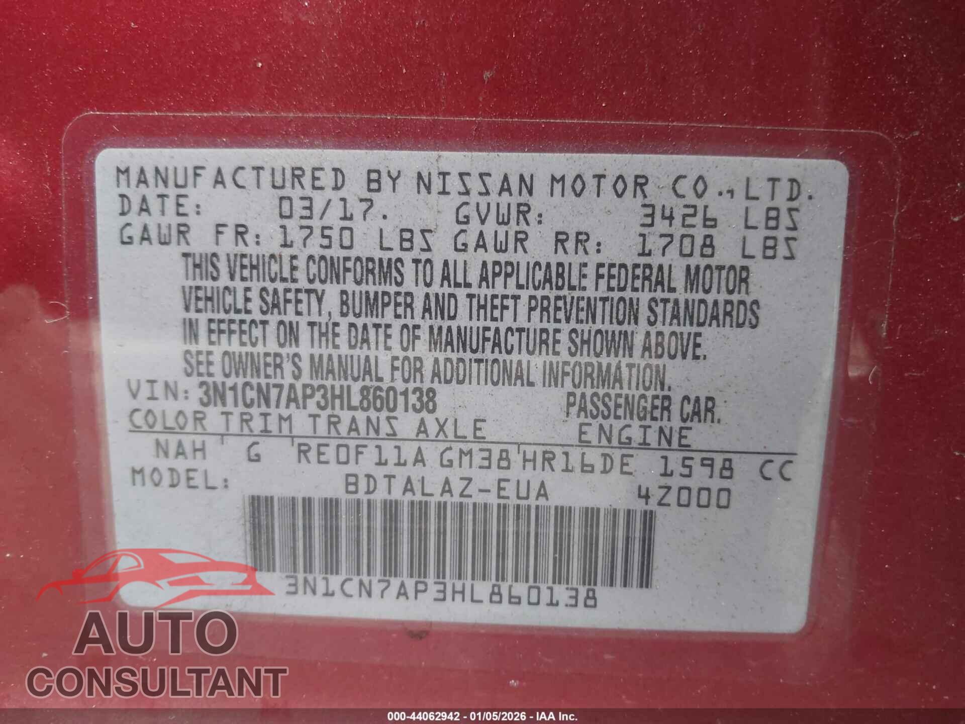 NISSAN VERSA 2017 - 3N1CN7AP3HL860138