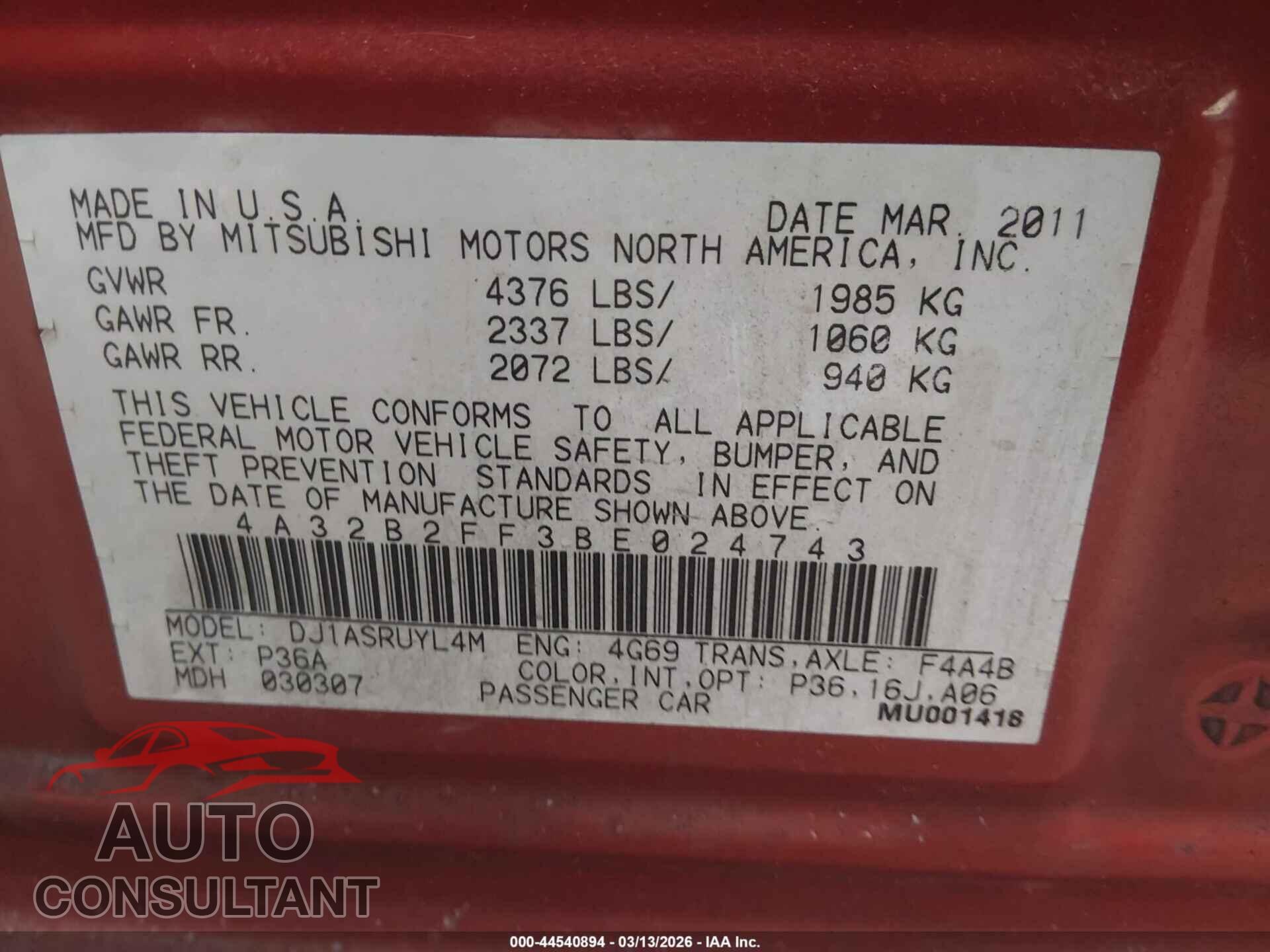 MITSUBISHI GALANT 2011 - 4A32B2FF3BE024743