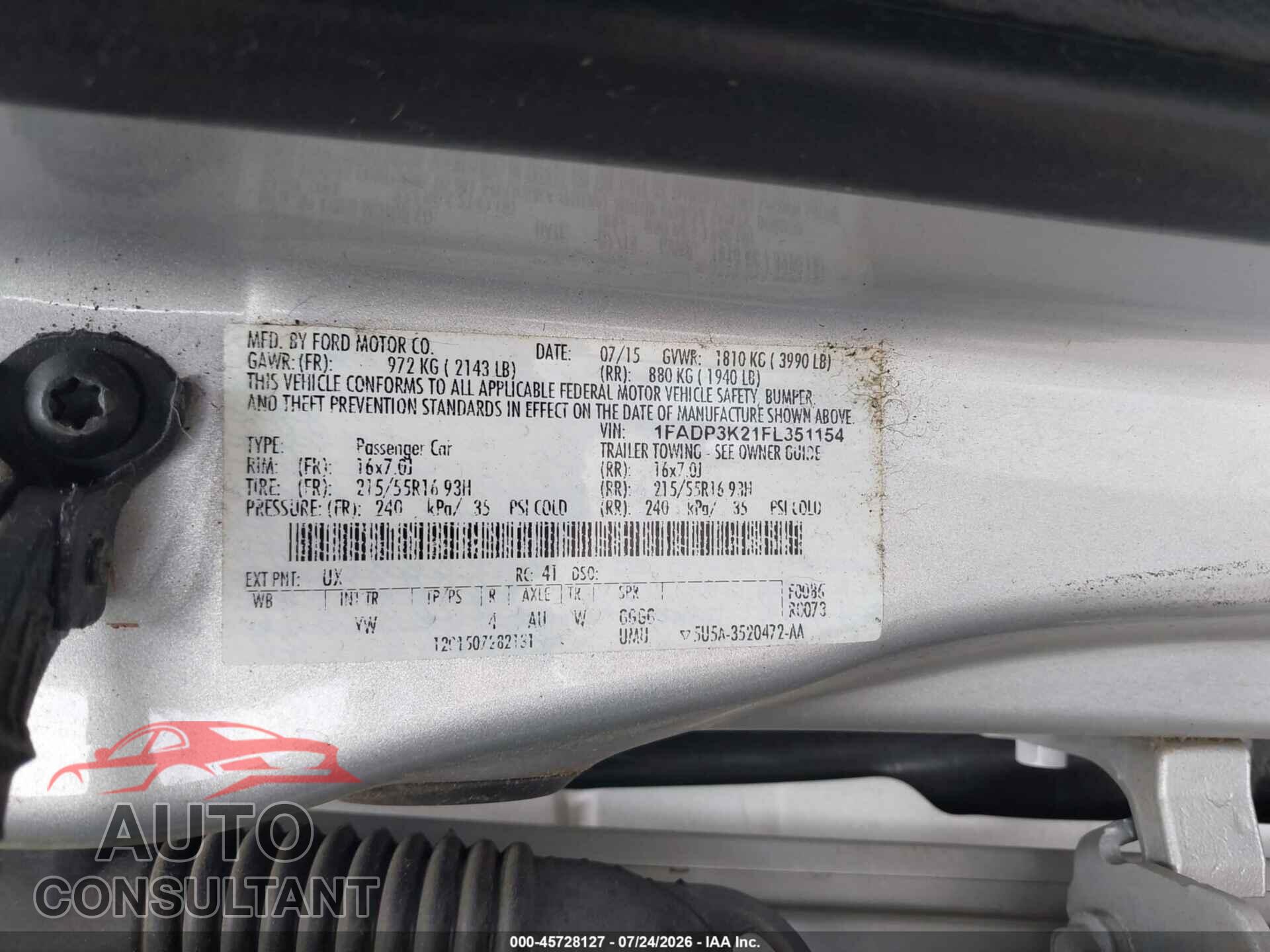 FORD FOCUS 2015 - 1FADP3K21FL351154