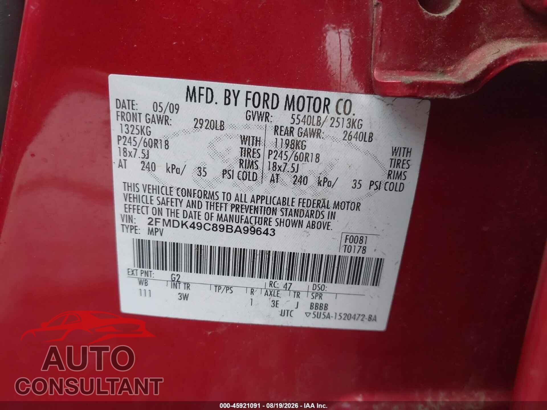 FORD EDGE 2009 - 2FMDK49C89BA99643