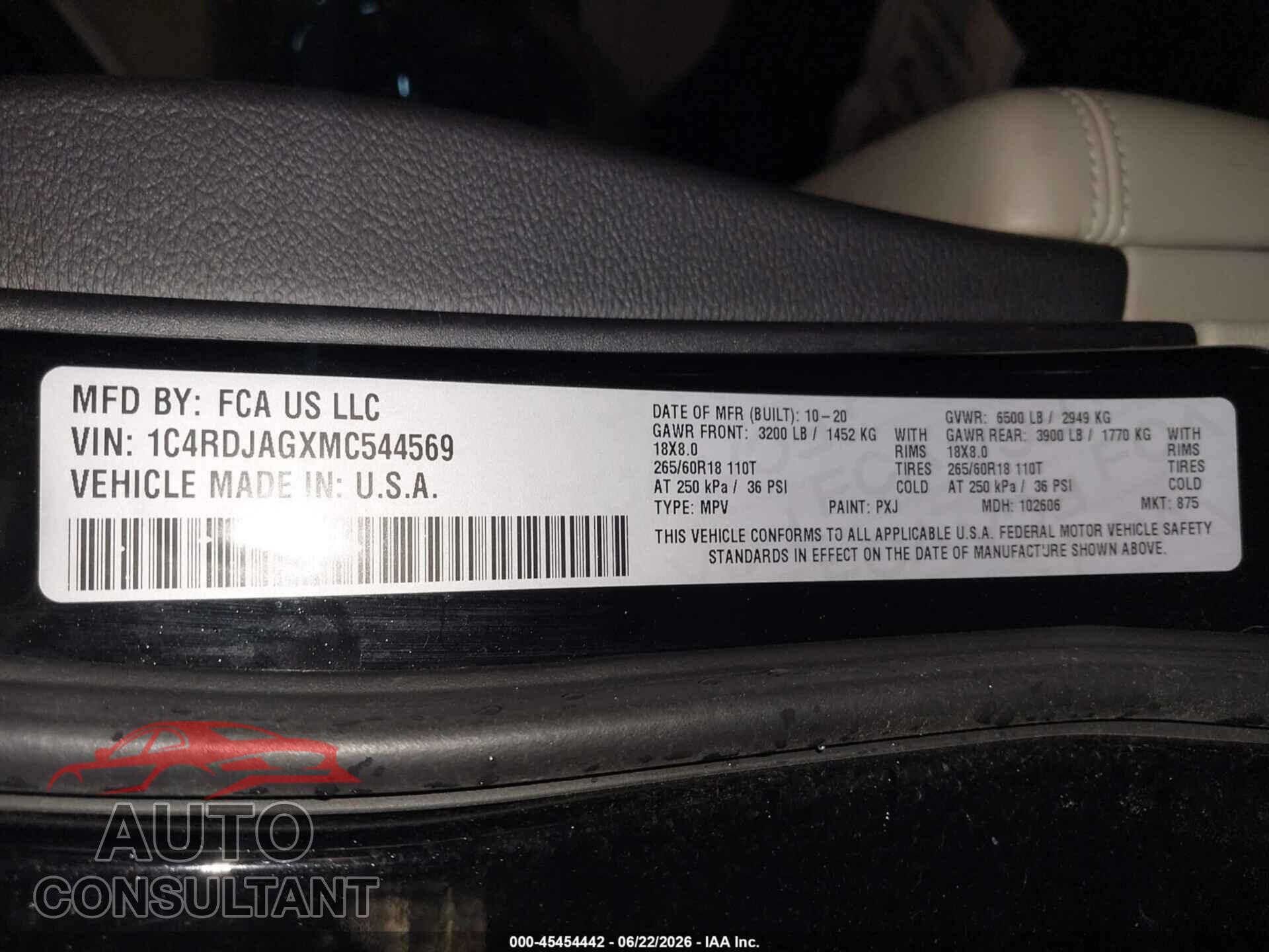 DODGE DURANGO 2021 - 1C4RDJAGXMC544569