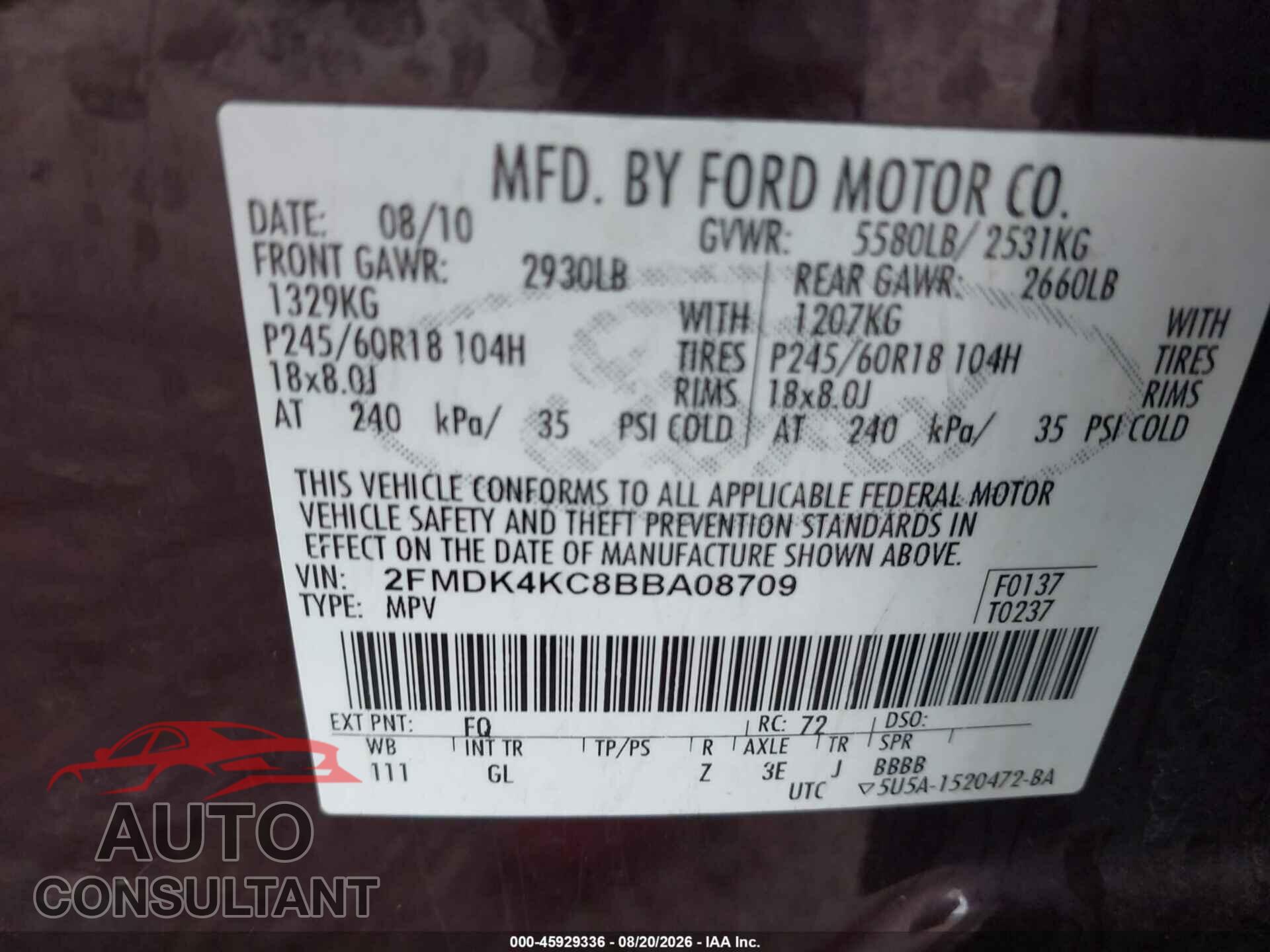 FORD EDGE 2011 - 2FMDK4KC8BBA08709