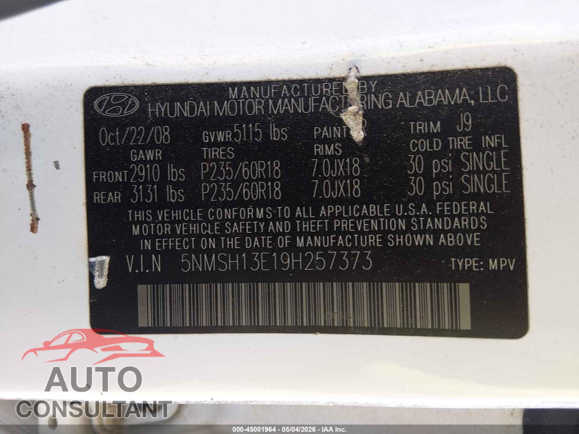 HYUNDAI SANTA FE 2009 - 5NMSH13E19H257373