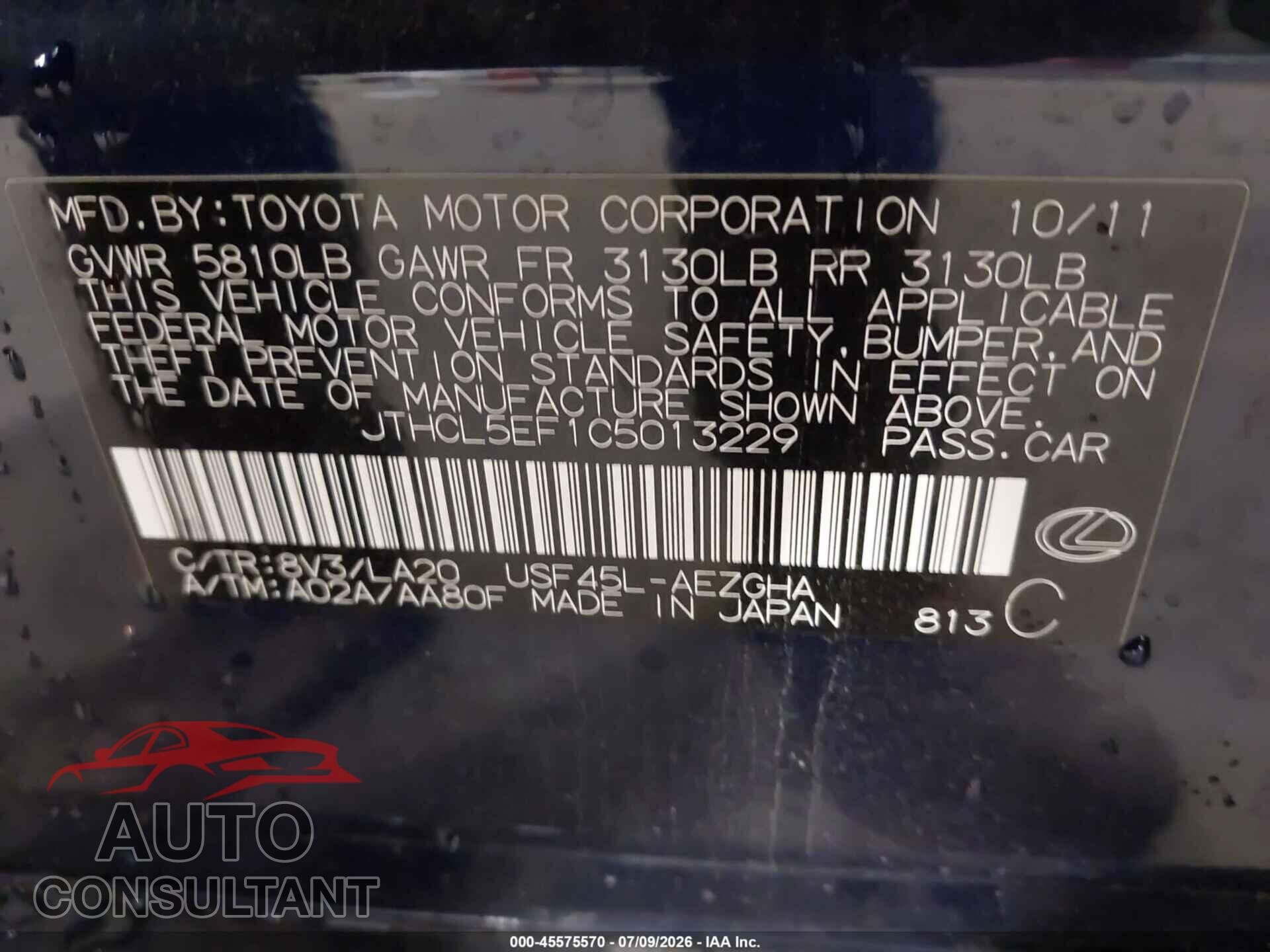 LEXUS LS 460 2012 - JTHCL5EF1C5013229