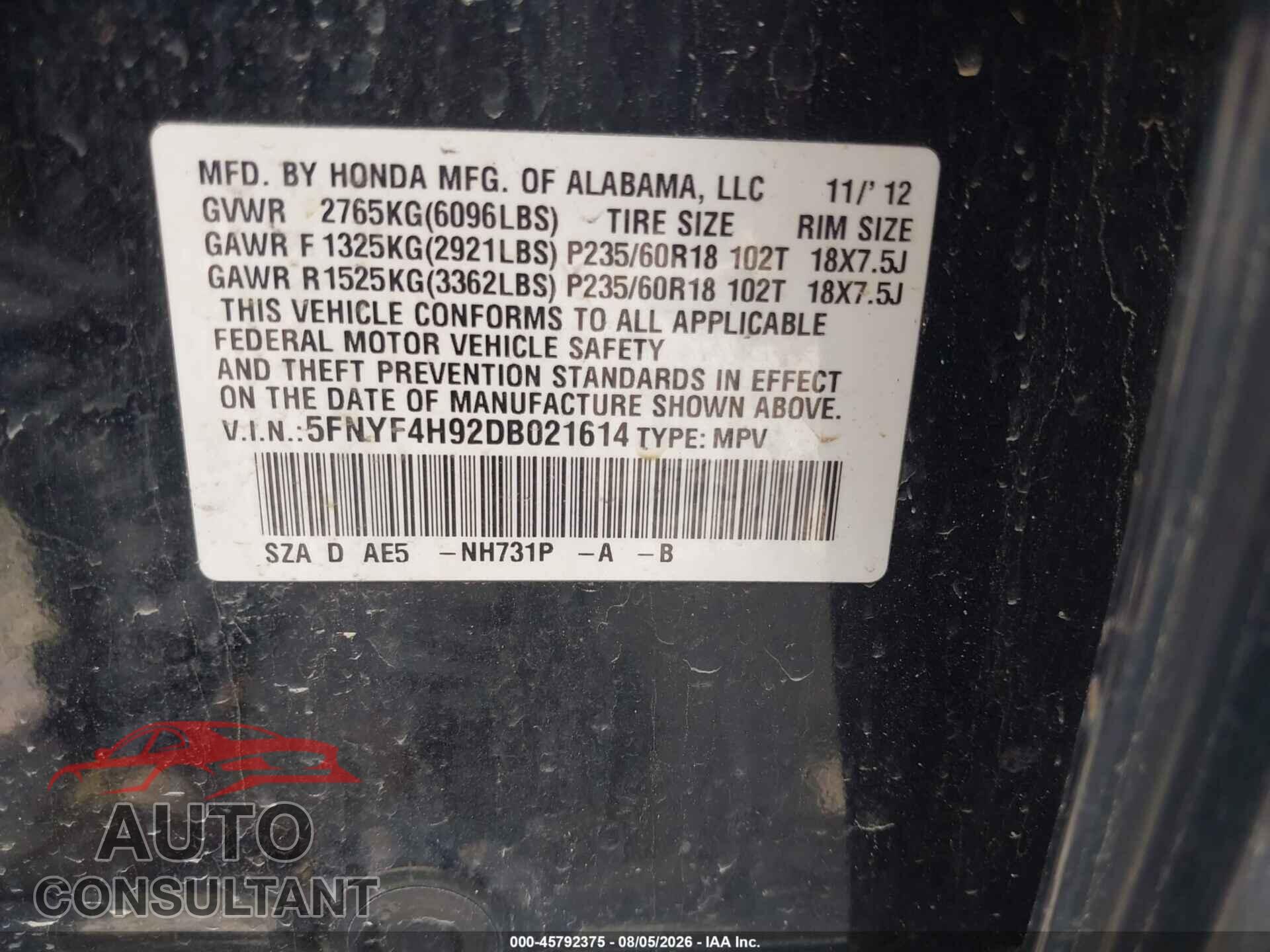 HONDA PILOT 2013 - 5FNYF4H92DB021614