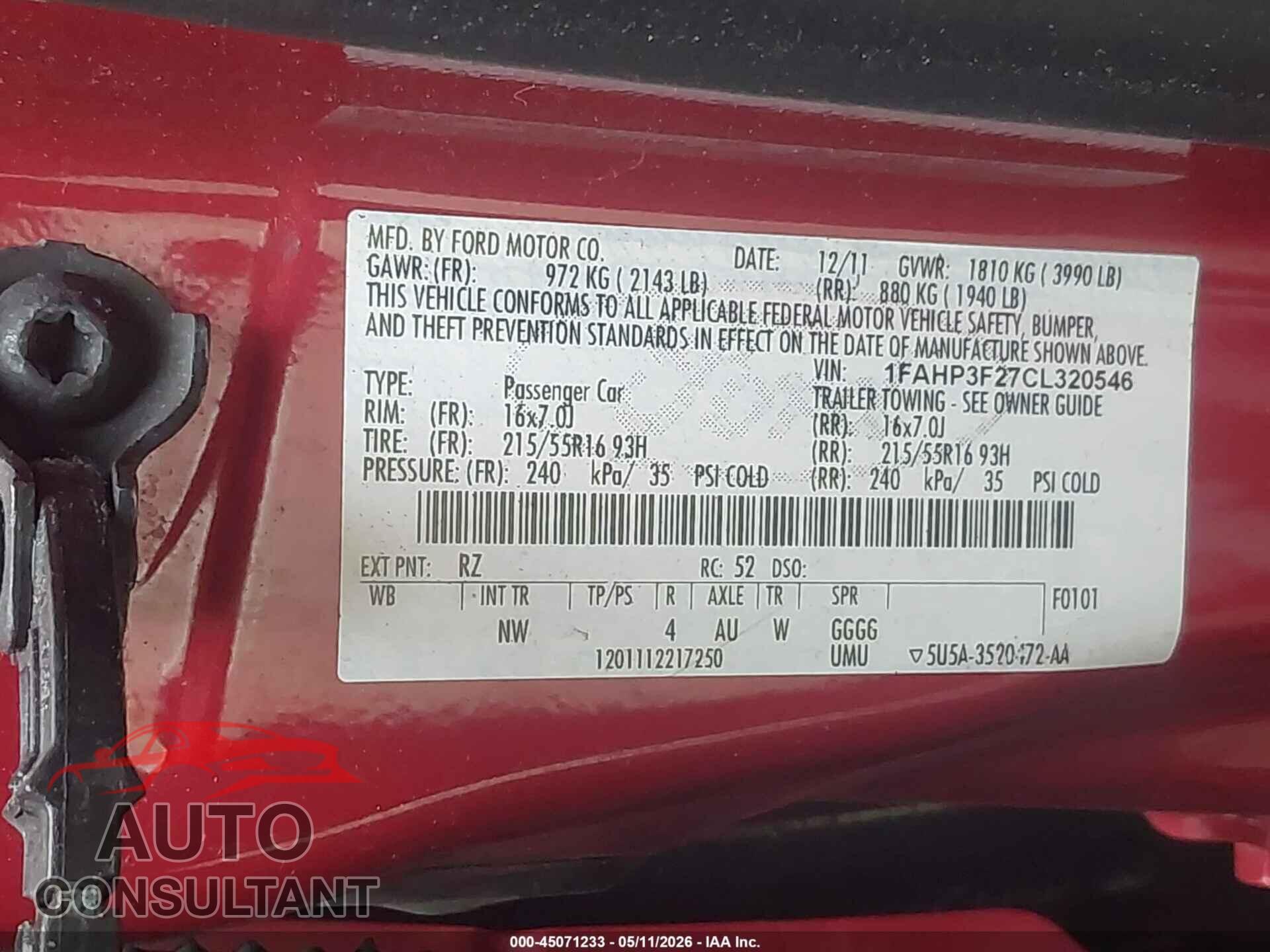 FORD FOCUS 2012 - 1FAHP3F27CL320546