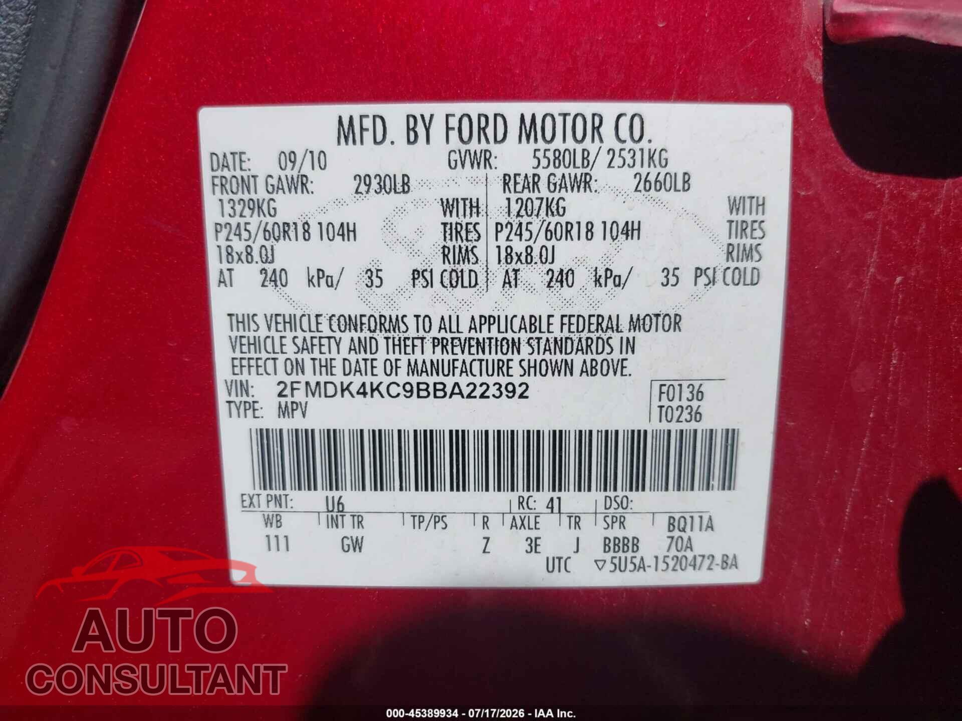 FORD EDGE 2011 - 2FMDK4KC9BBA22392