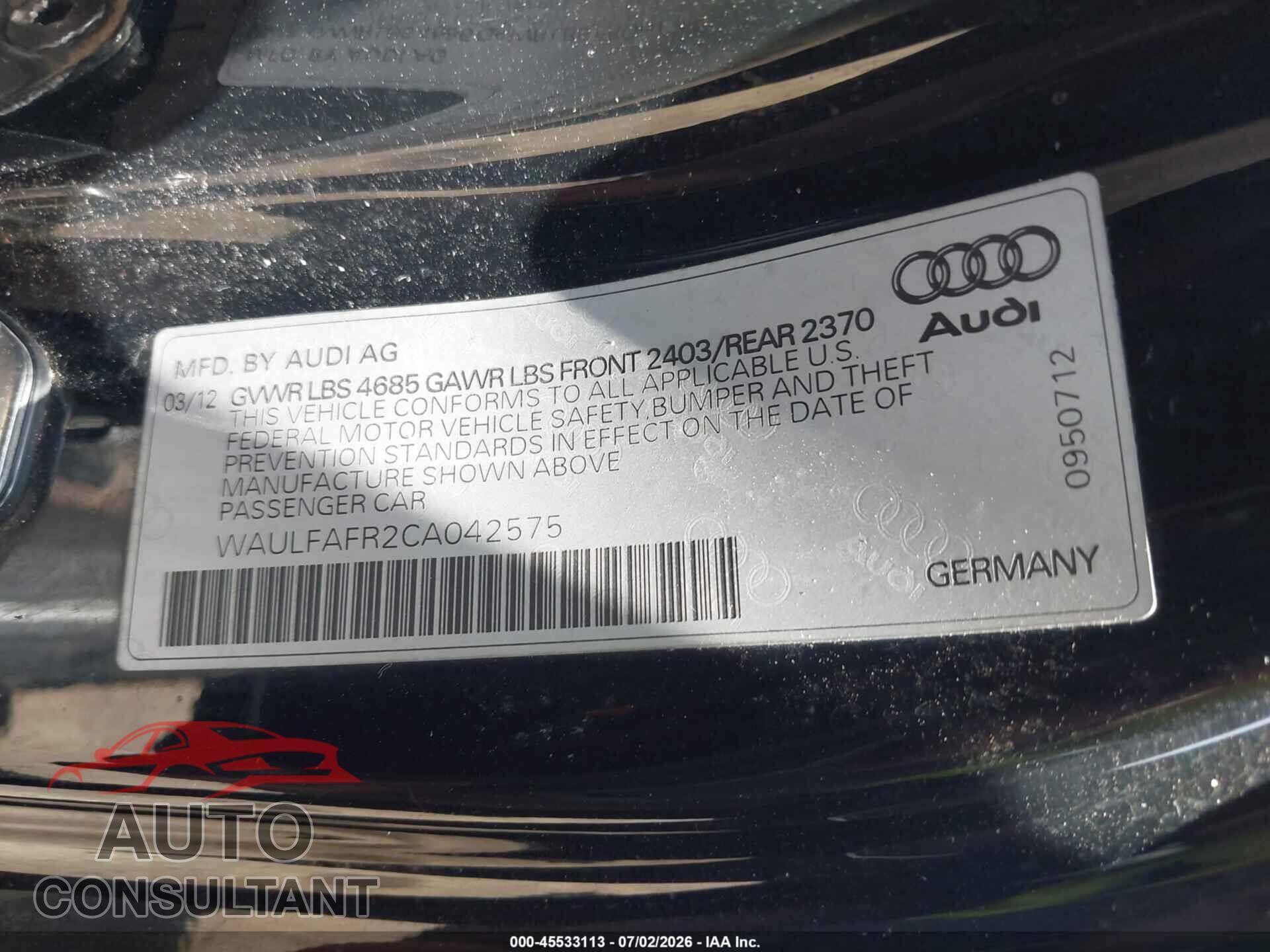AUDI A5 2012 - WAULFAFR2CA042575