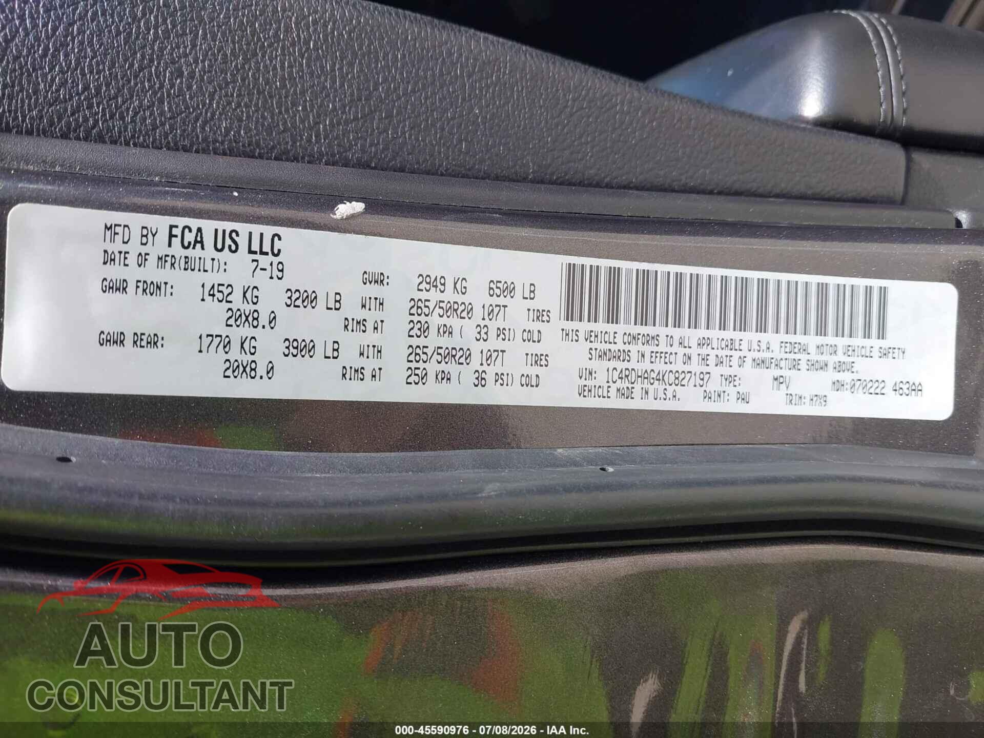 DODGE DURANGO 2019 - 1C4RDHAG4KC827197