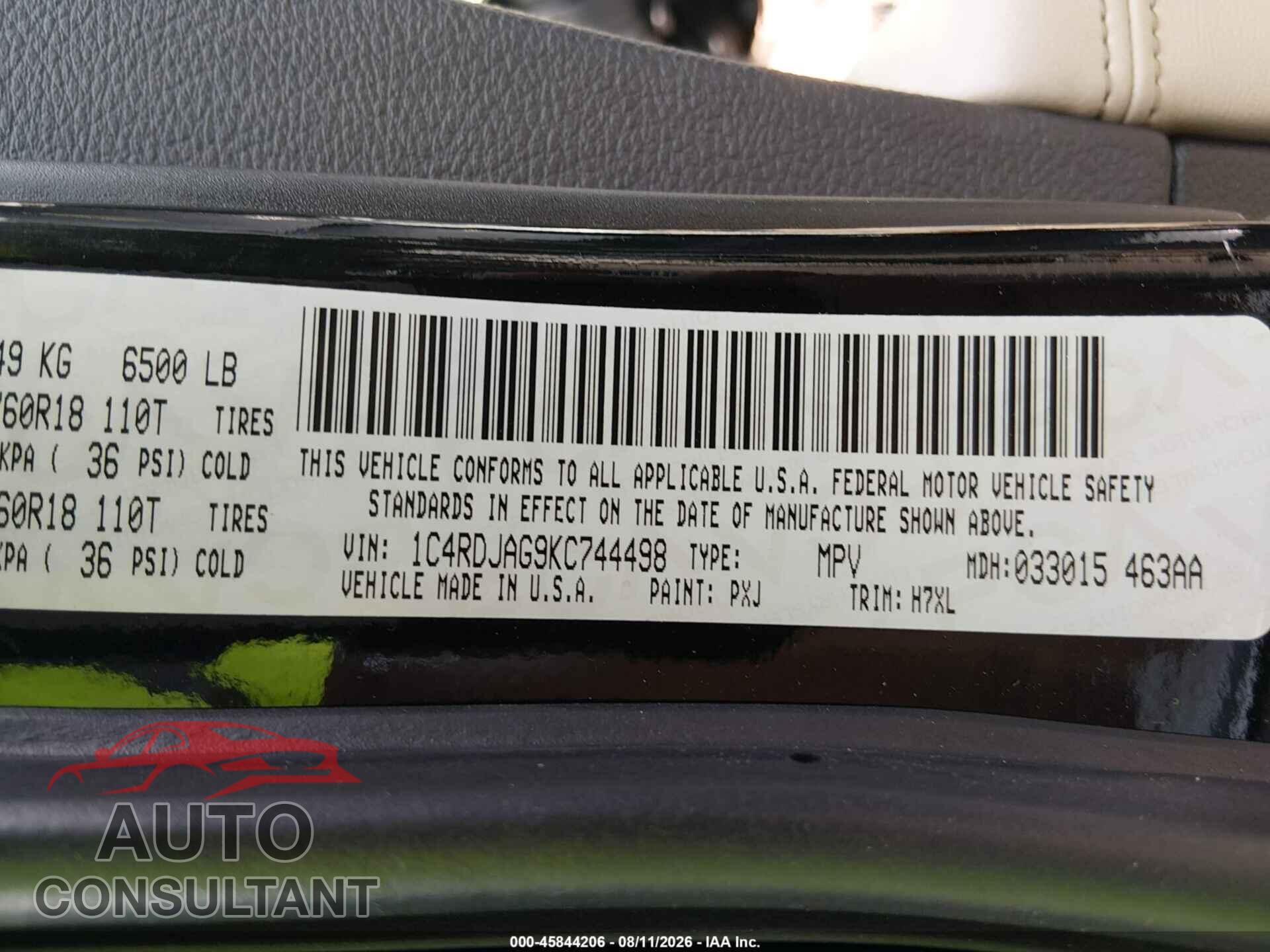 DODGE DURANGO 2019 - 1C4RDJAG9KC744498