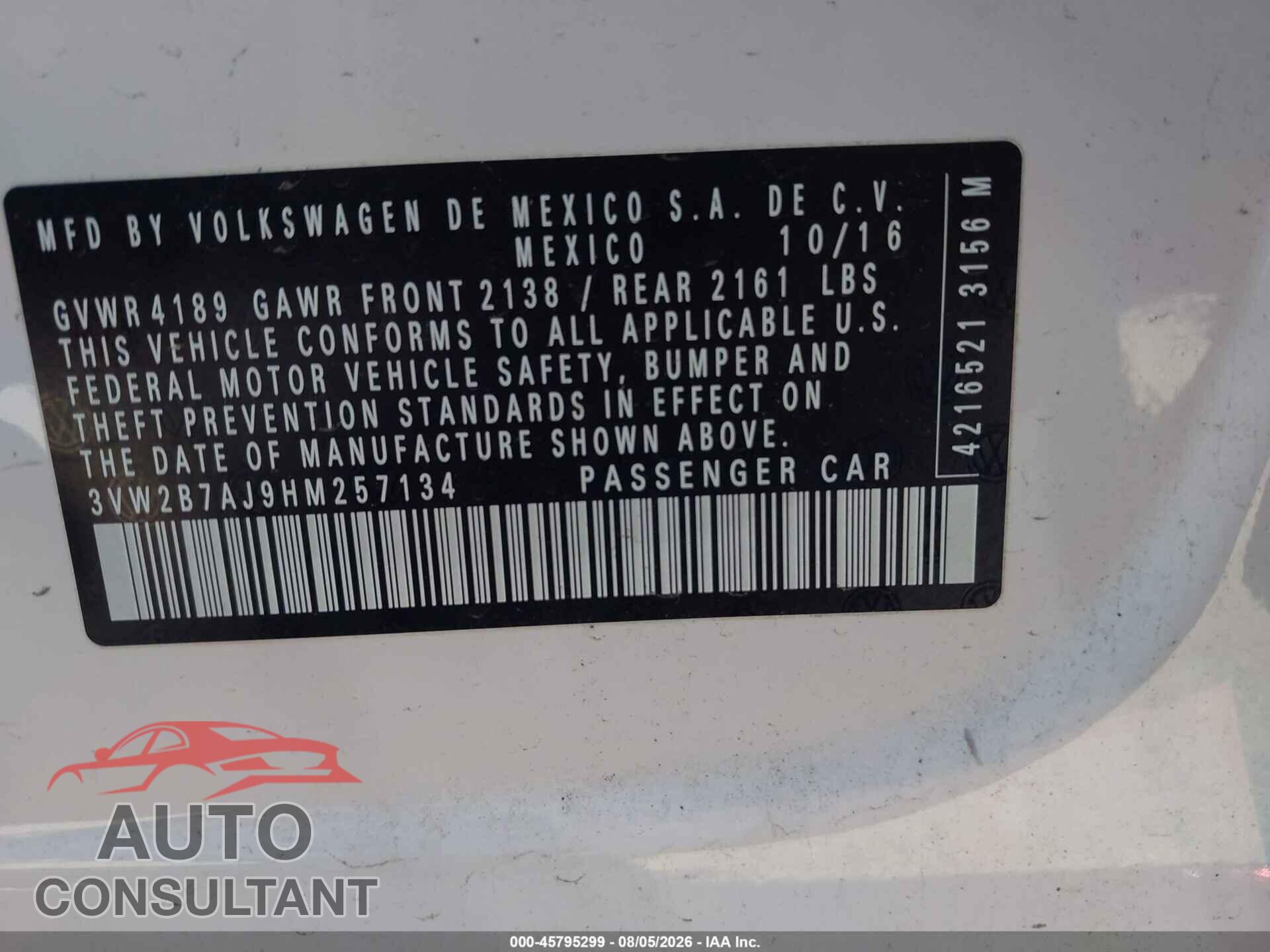 VOLKSWAGEN JETTA 2017 - 3VW2B7AJ9HM257134