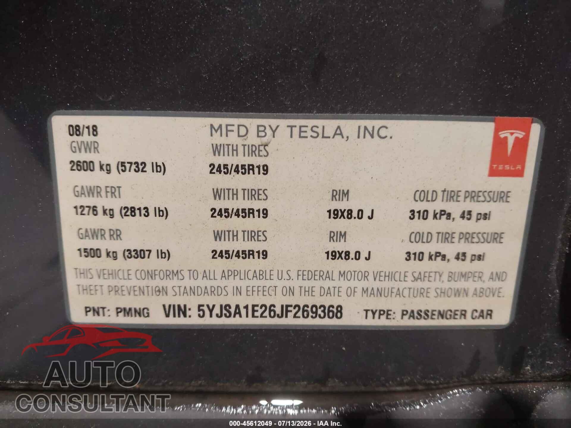 TESLA MODEL S 2018 - 5YJSA1E26JF269368