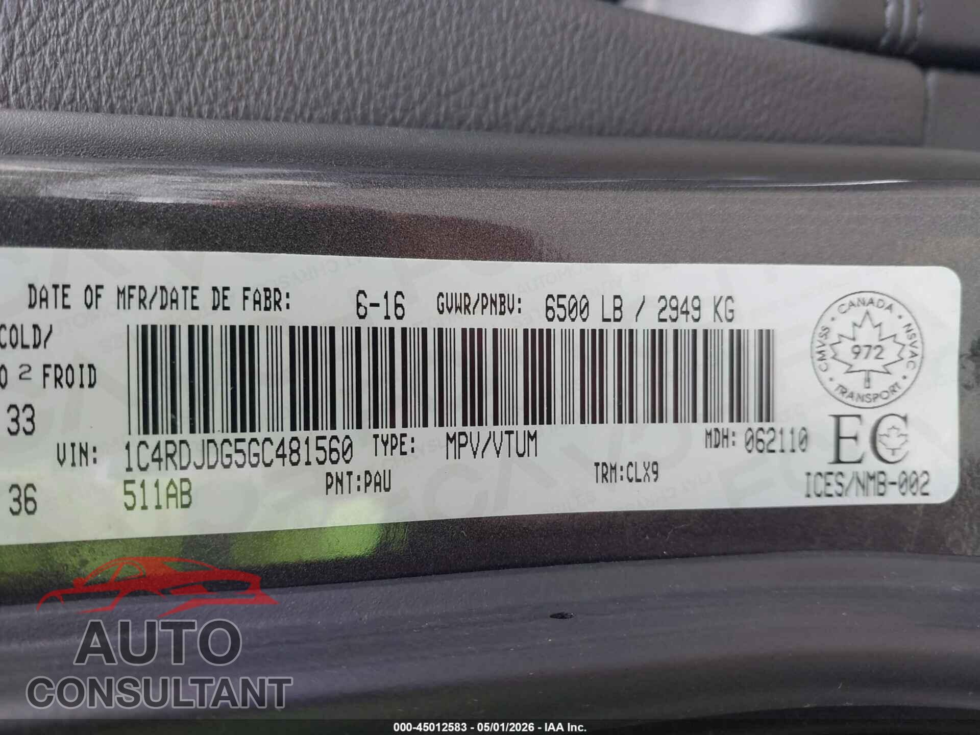DODGE DURANGO 2016 - 1C4RDJDG5GC481560