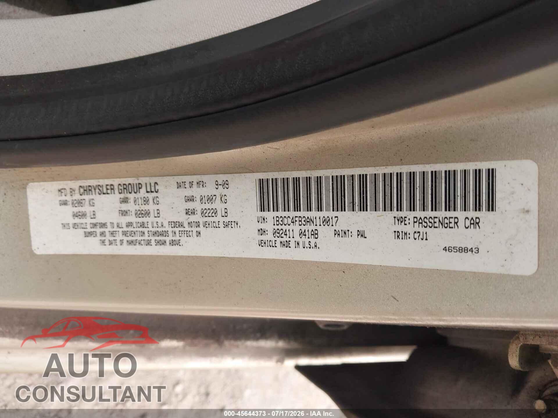 DODGE AVENGER 2010 - 1B3CC4FB3AN110017