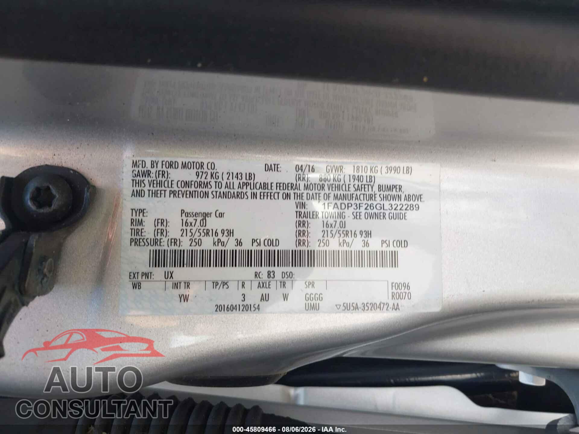 FORD FOCUS 2016 - 1FADP3F26GL322289