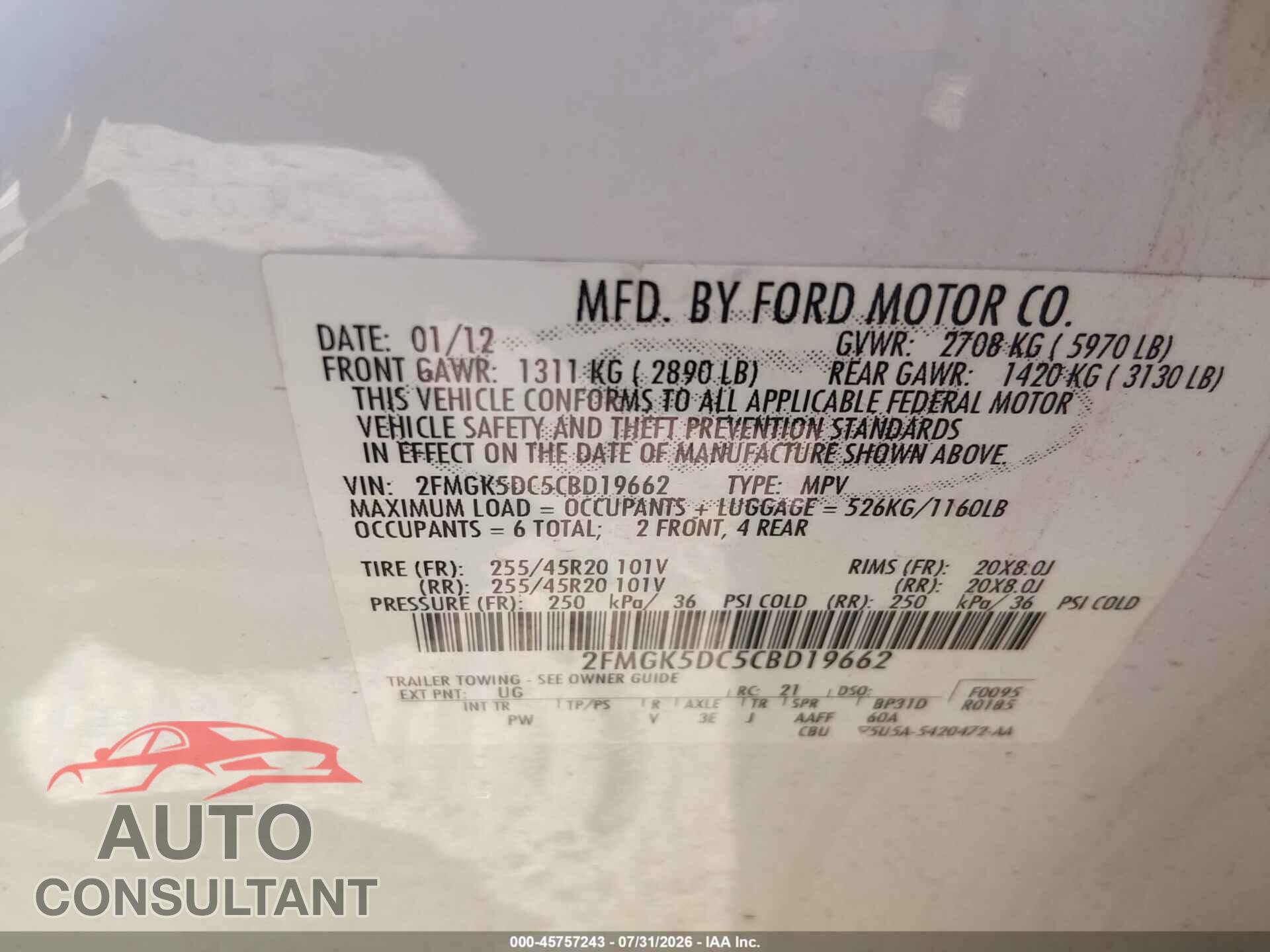FORD FLEX 2012 - 2FMGK5DC5CBD19662