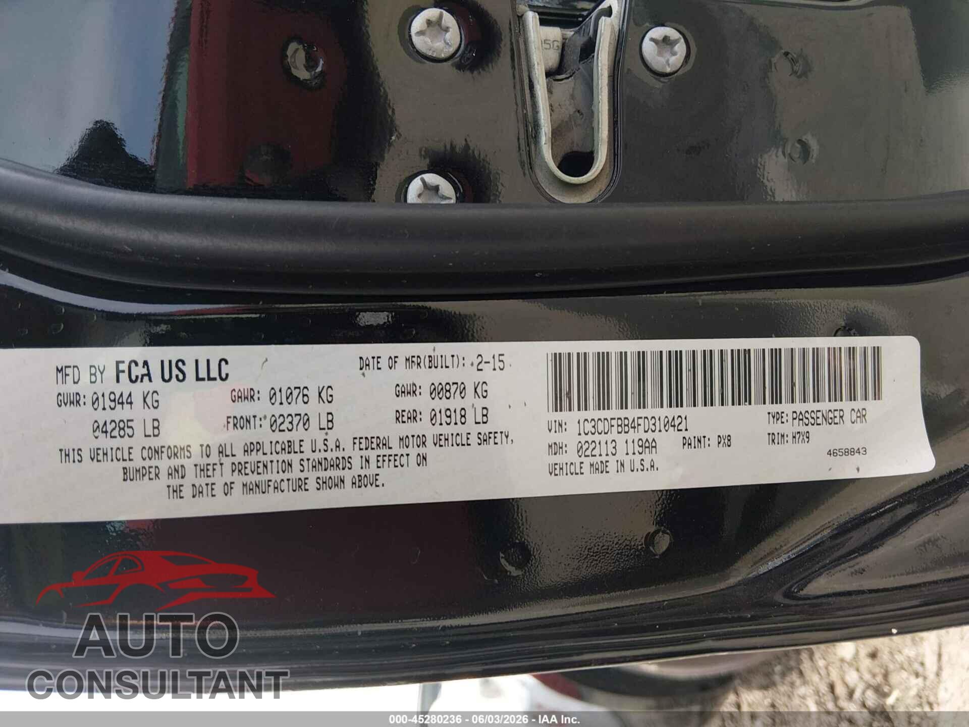 DODGE DART 2015 - 1C3CDFBB4FD310421