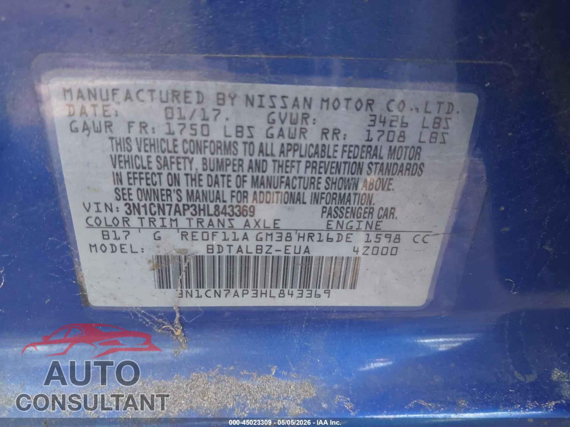 NISSAN VERSA 2017 - 3N1CN7AP3HL843369