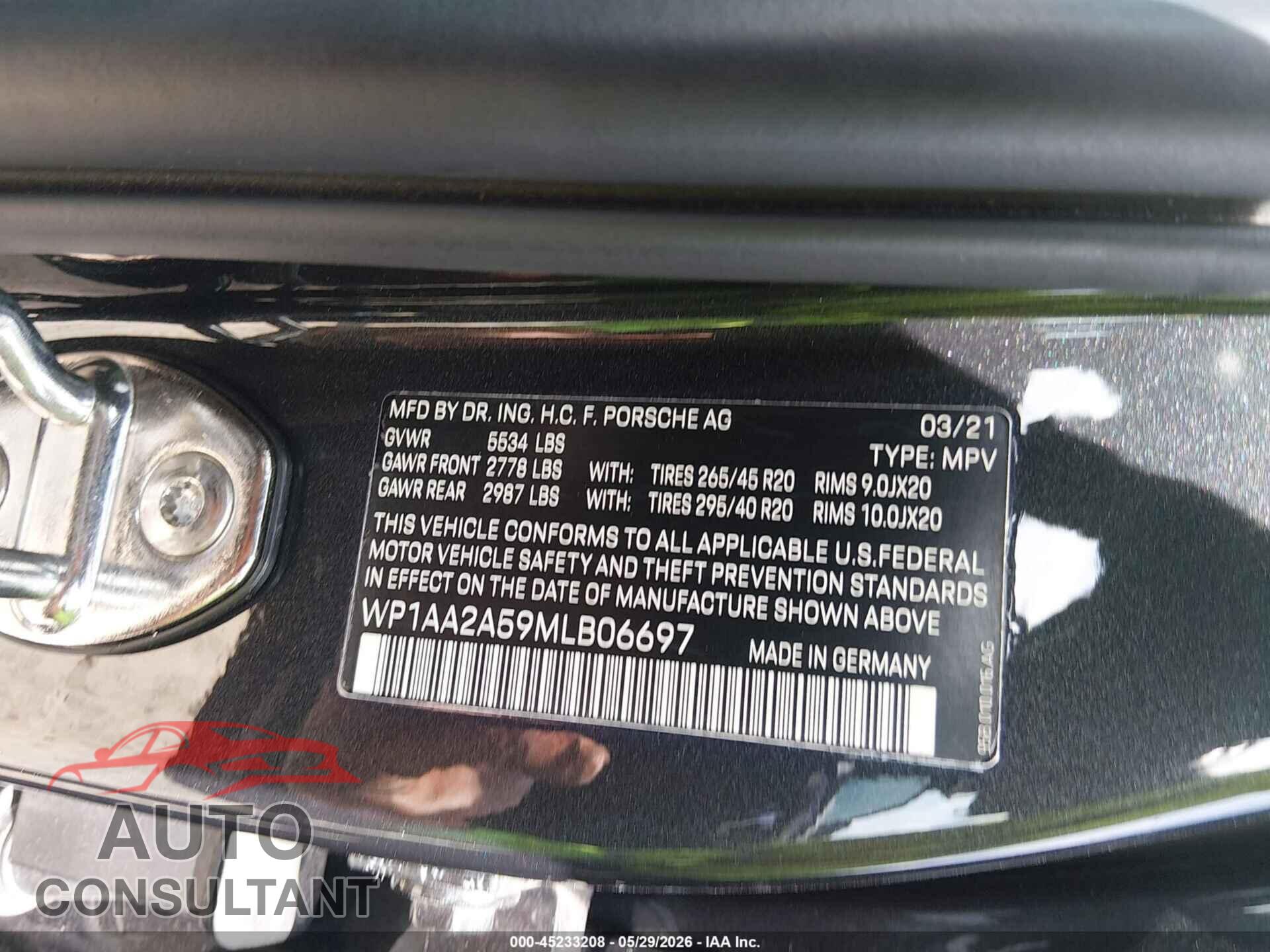 PORSCHE MACAN 2021 - WP1AA2A59MLB06697