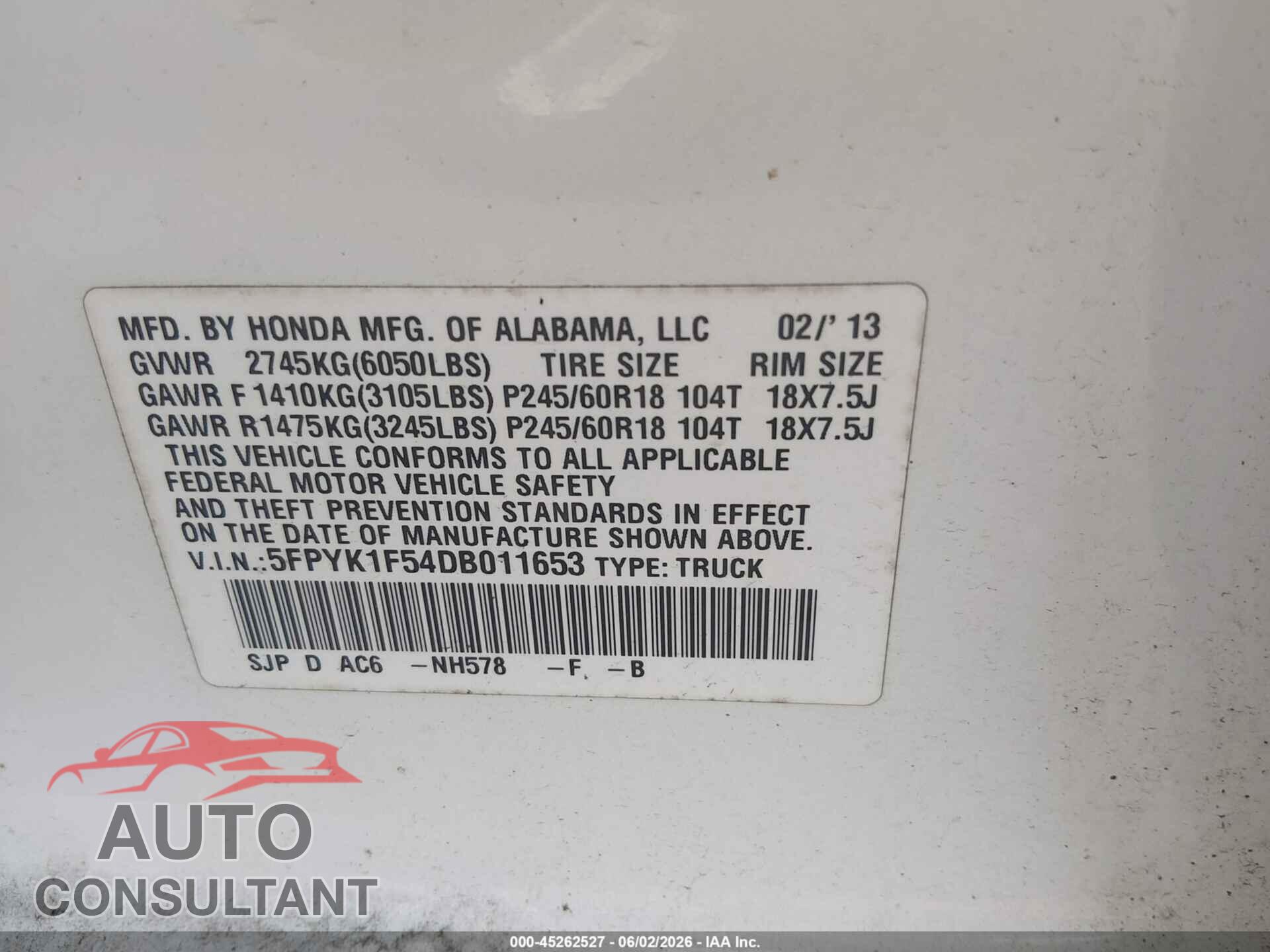 HONDA RIDGELINE 2013 - 5FPYK1F54DB011653