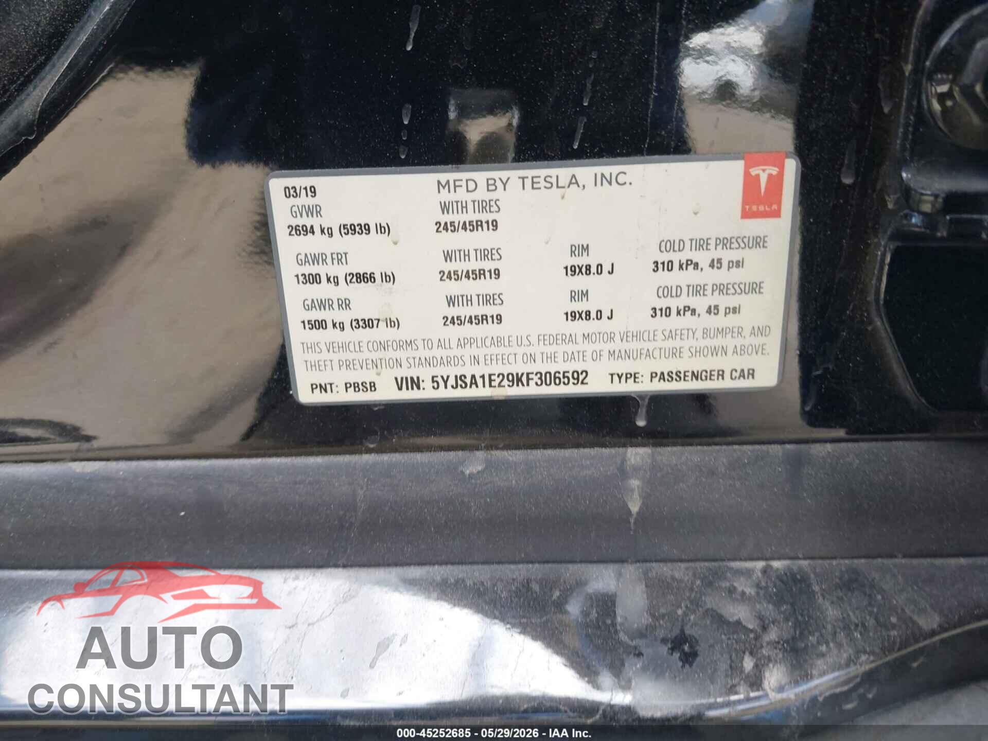 TESLA MODEL S 2019 - 5YJSA1E29KF306592