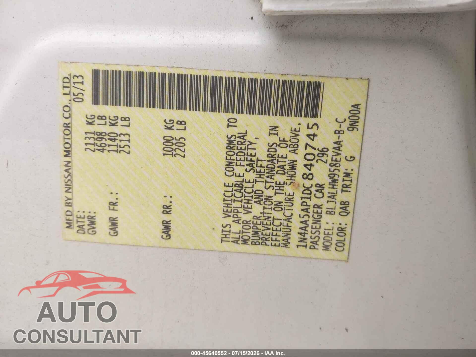 NISSAN MAXIMA 2013 - 1N4AA5AP1DC840745