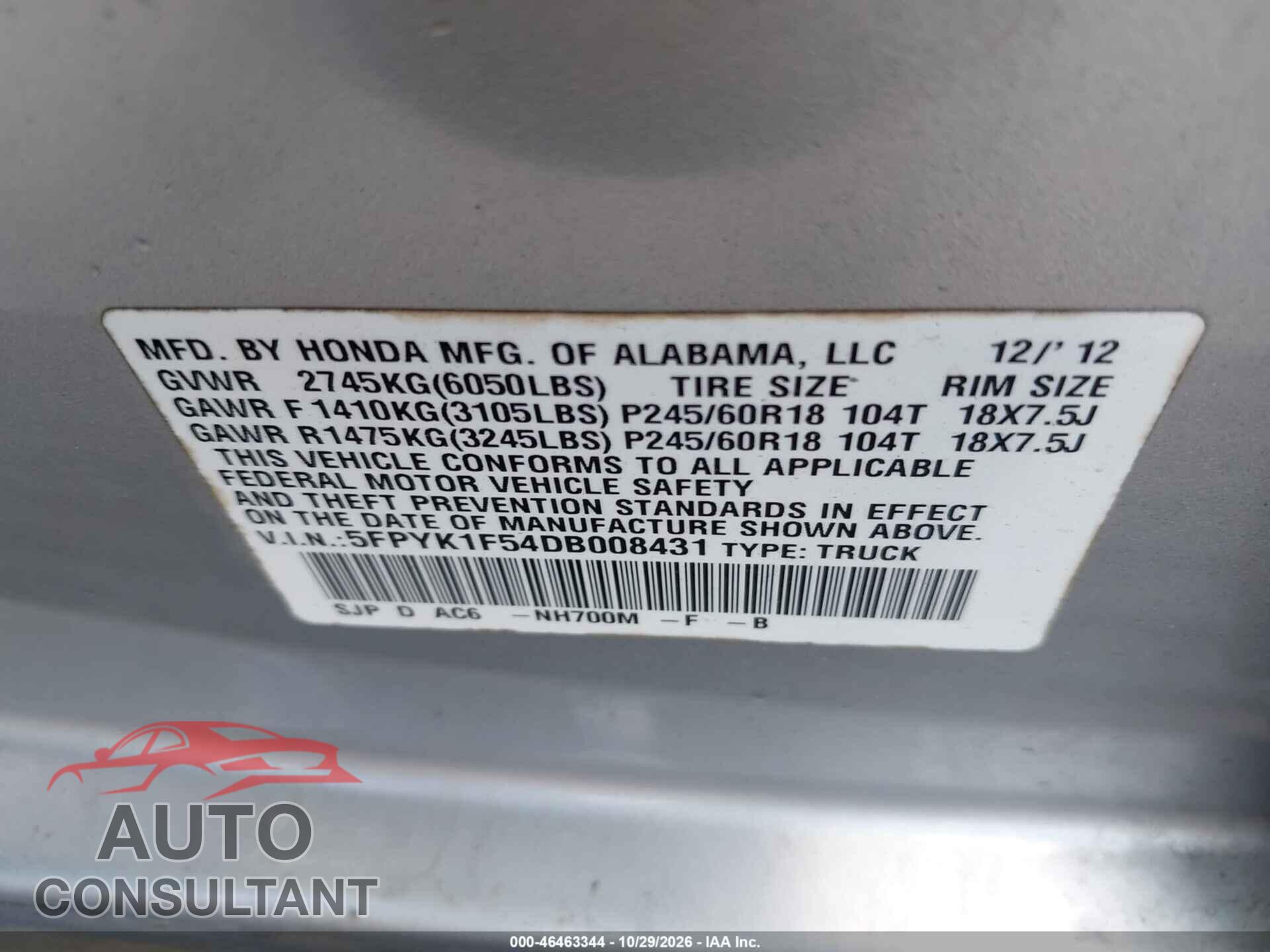 HONDA RIDGELINE 2013 - 5FPYK1F54DB008431