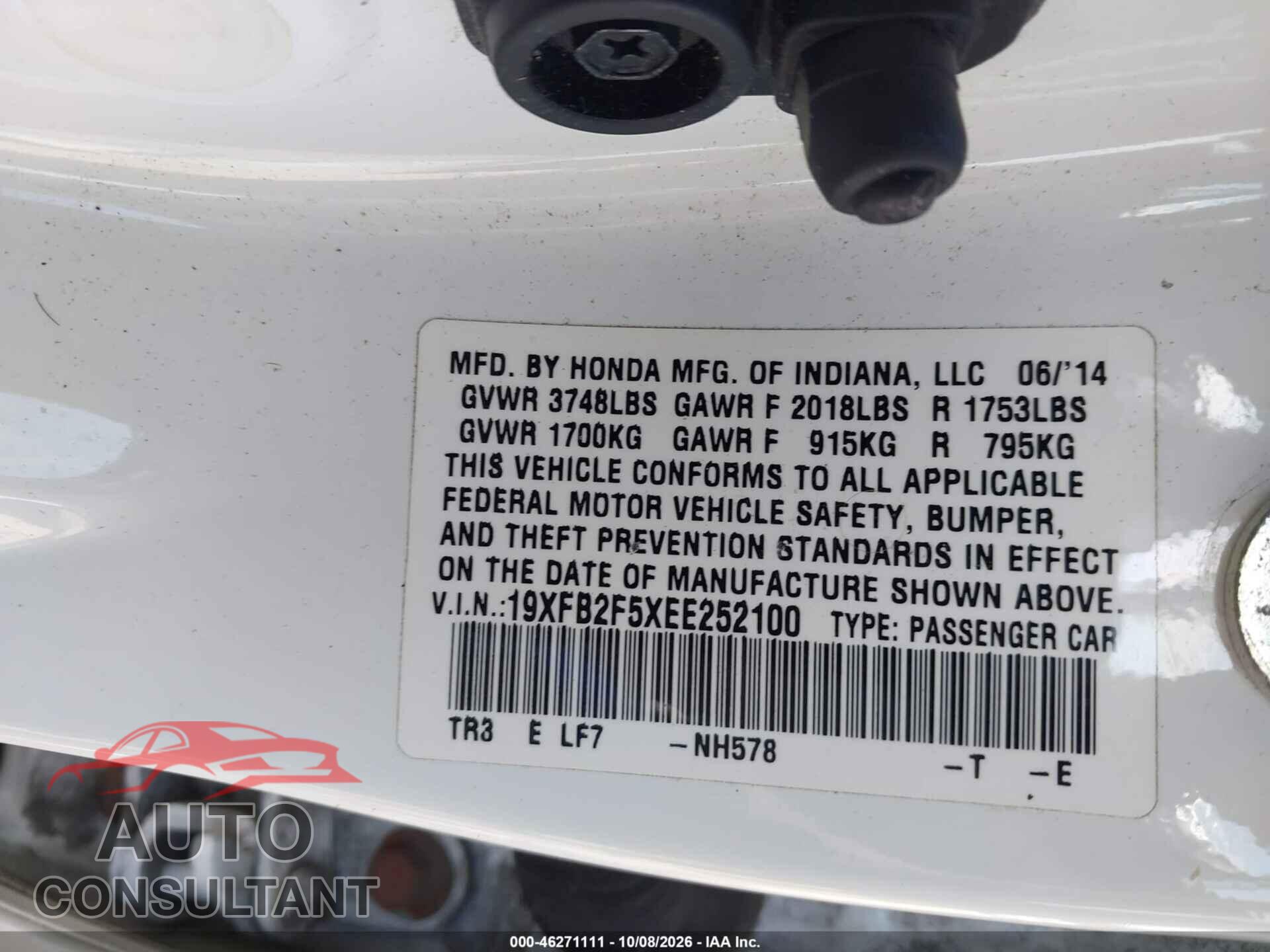 HONDA CIVIC 2014 - 19XFB2F5XEE252100