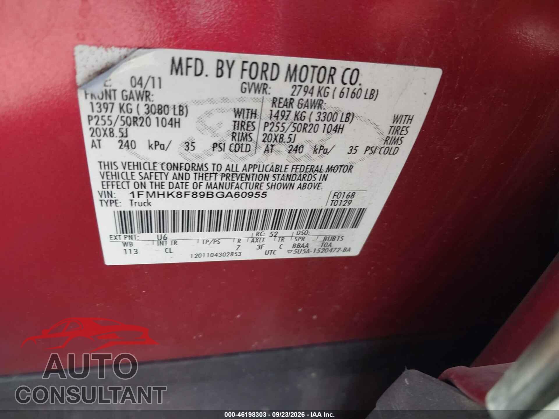 FORD EXPLORER 2011 - 1FMHK8F89BGA60955