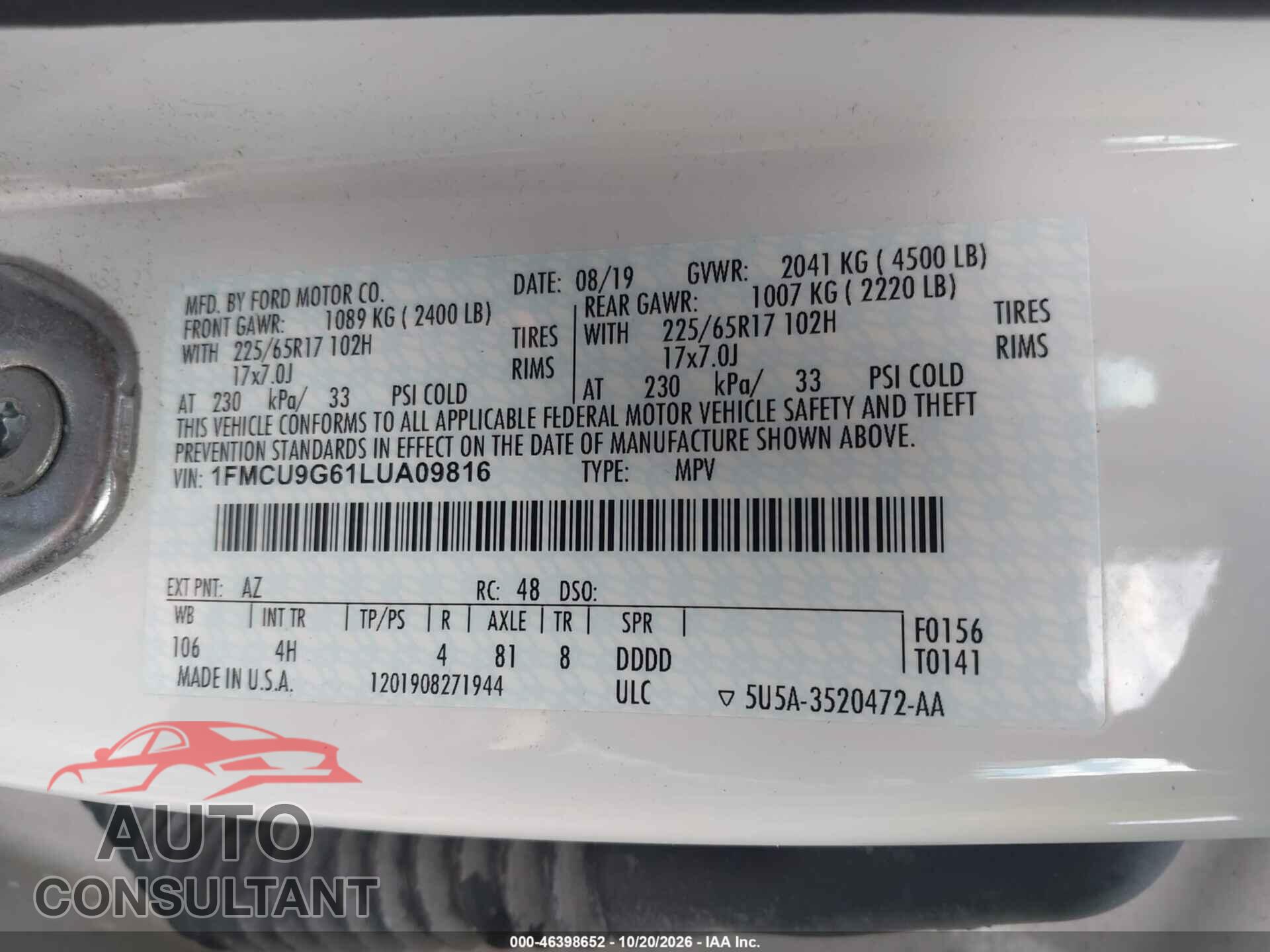 FORD ESCAPE 2020 - 1FMCU9G61LUA09816
