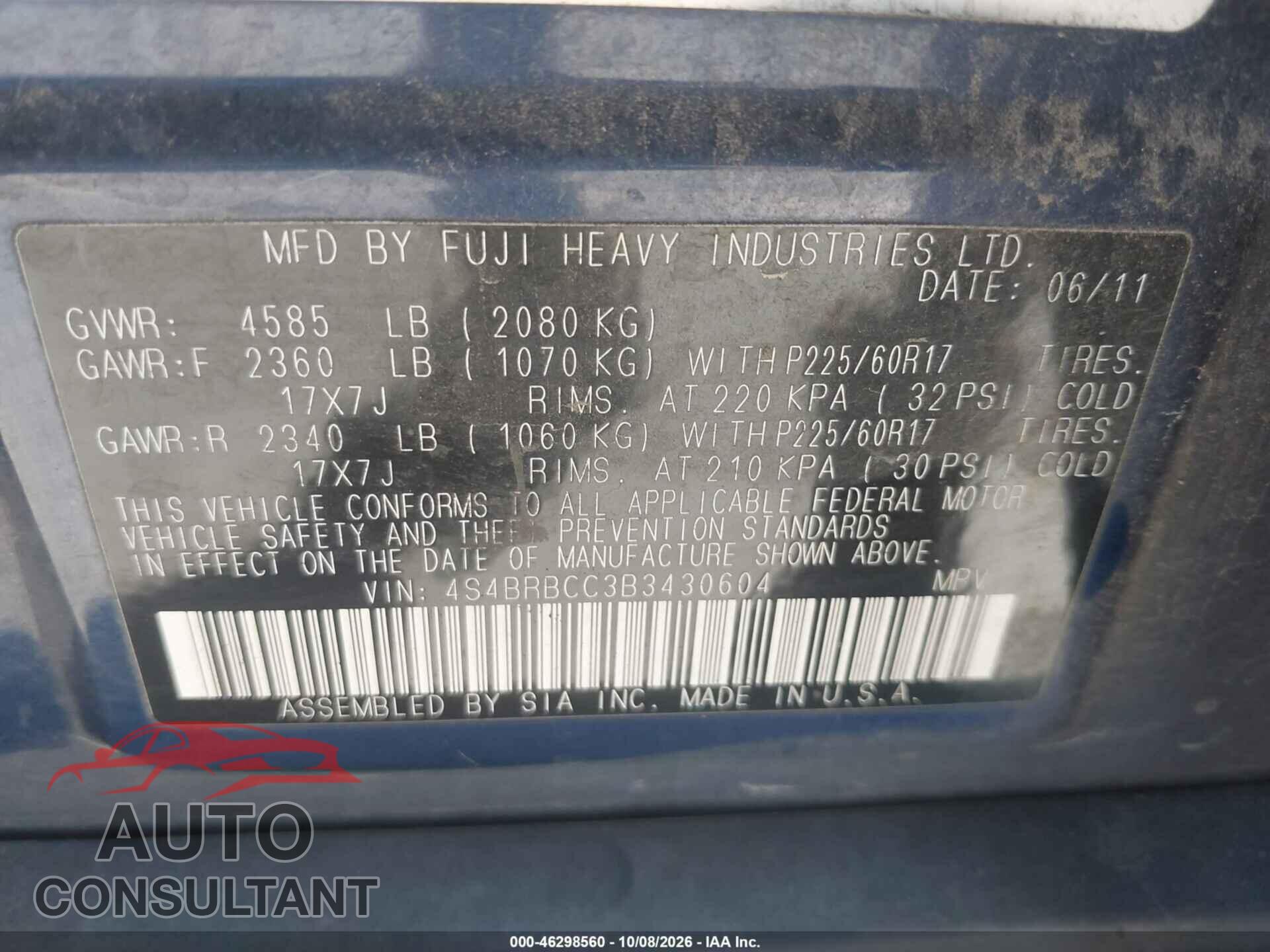 SUBARU OUTBACK 2011 - 4S4BRBCC3B3430604