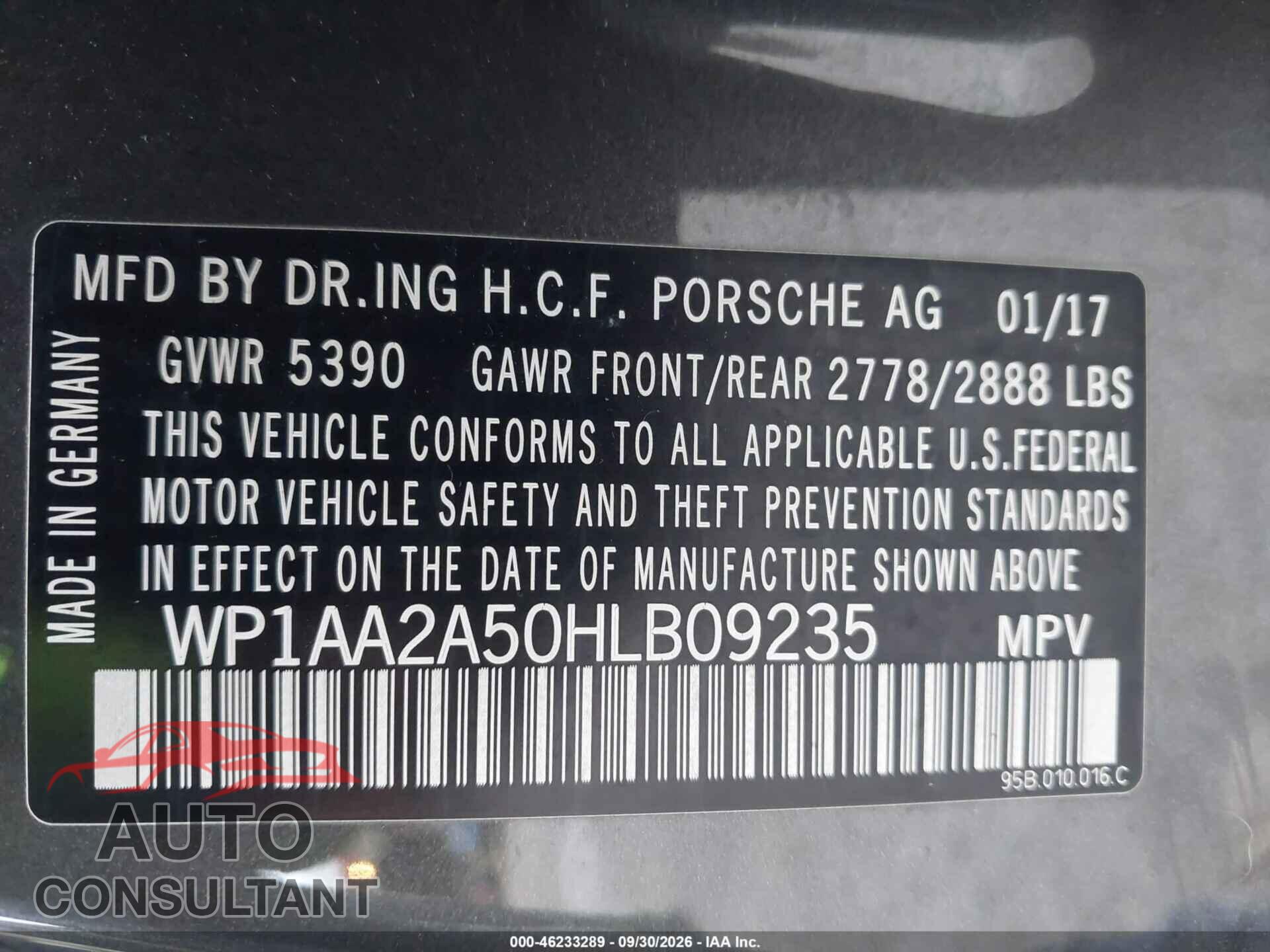 PORSCHE MACAN 2017 - WP1AA2A50HLB09235