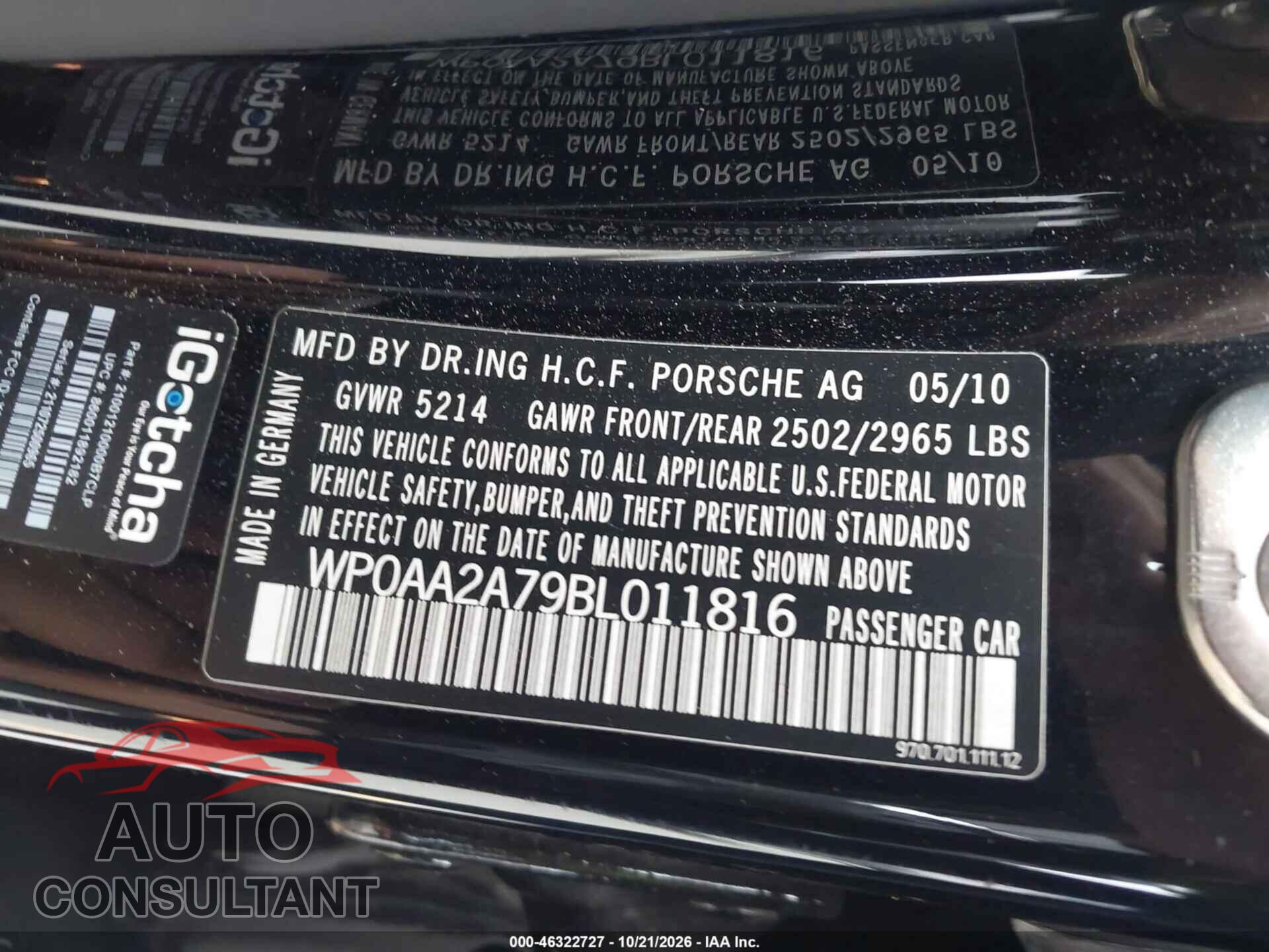 PORSCHE PANAMERA 2011 - WP0AA2A79BL011816