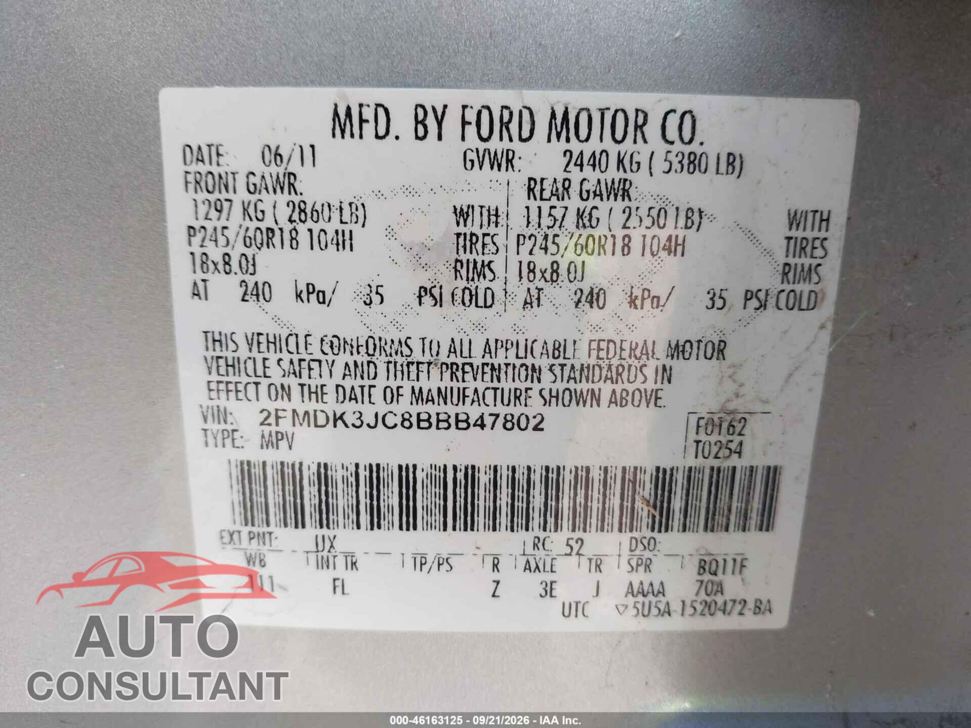 FORD EDGE 2011 - 2FMDK3JC8BBB47802