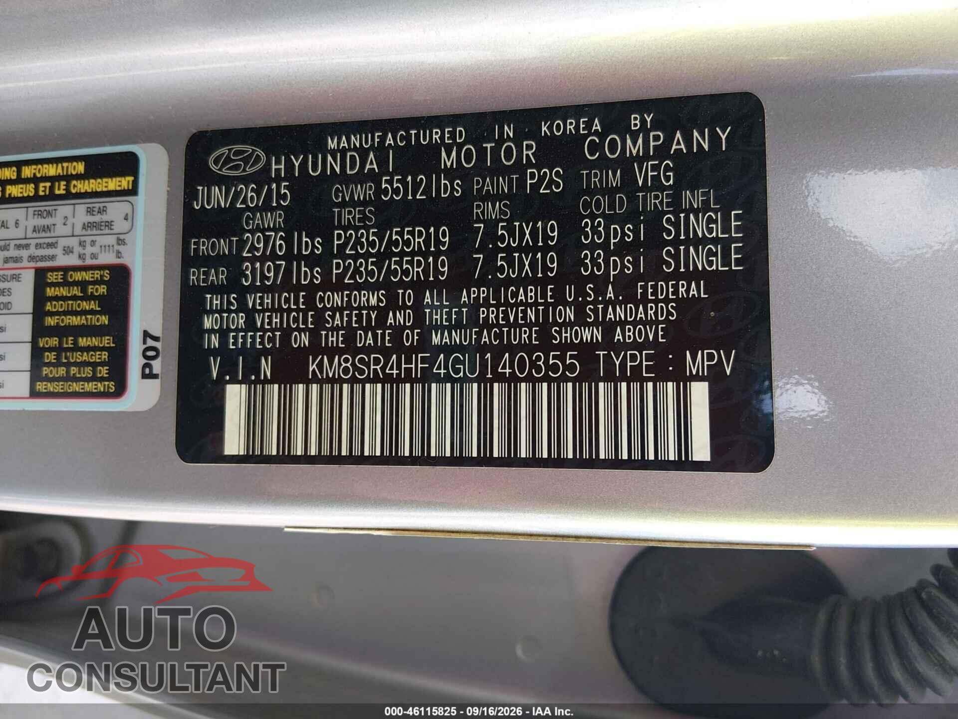 HYUNDAI SANTA FE 2016 - KM8SR4HF4GU140355