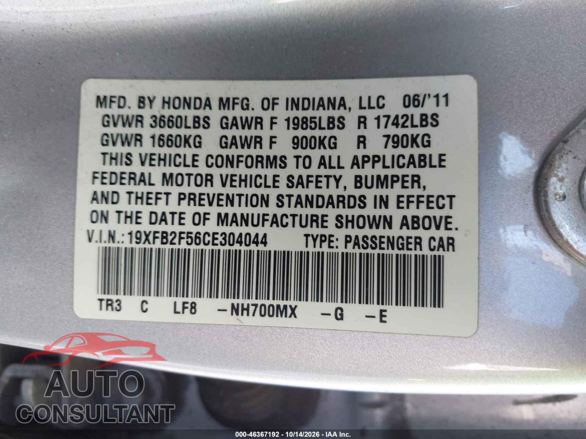 HONDA CIVIC 2012 - 19XFB2F56CE304044